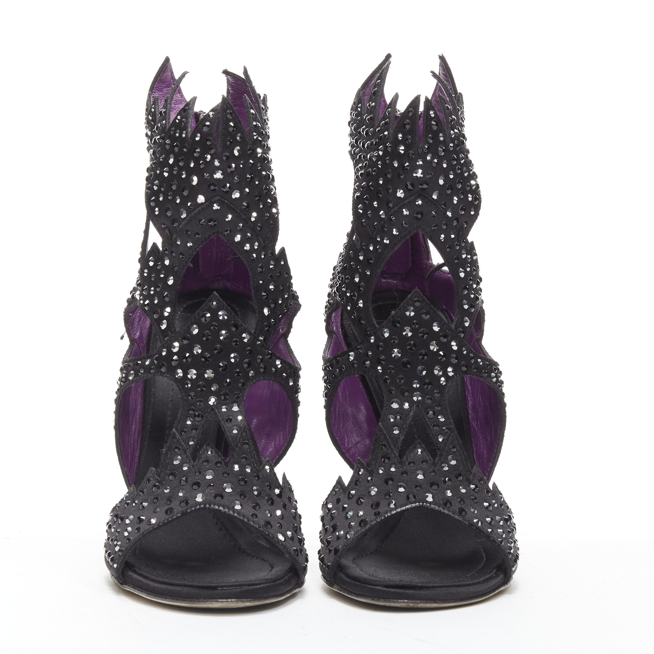 Giuseppe Zanotti GIUSEPPE ZANOTTI black crystal embellished satin cutout sandals heels EU37.5 Size US 7.5 / IT 37.5 - 3 Thumbnail