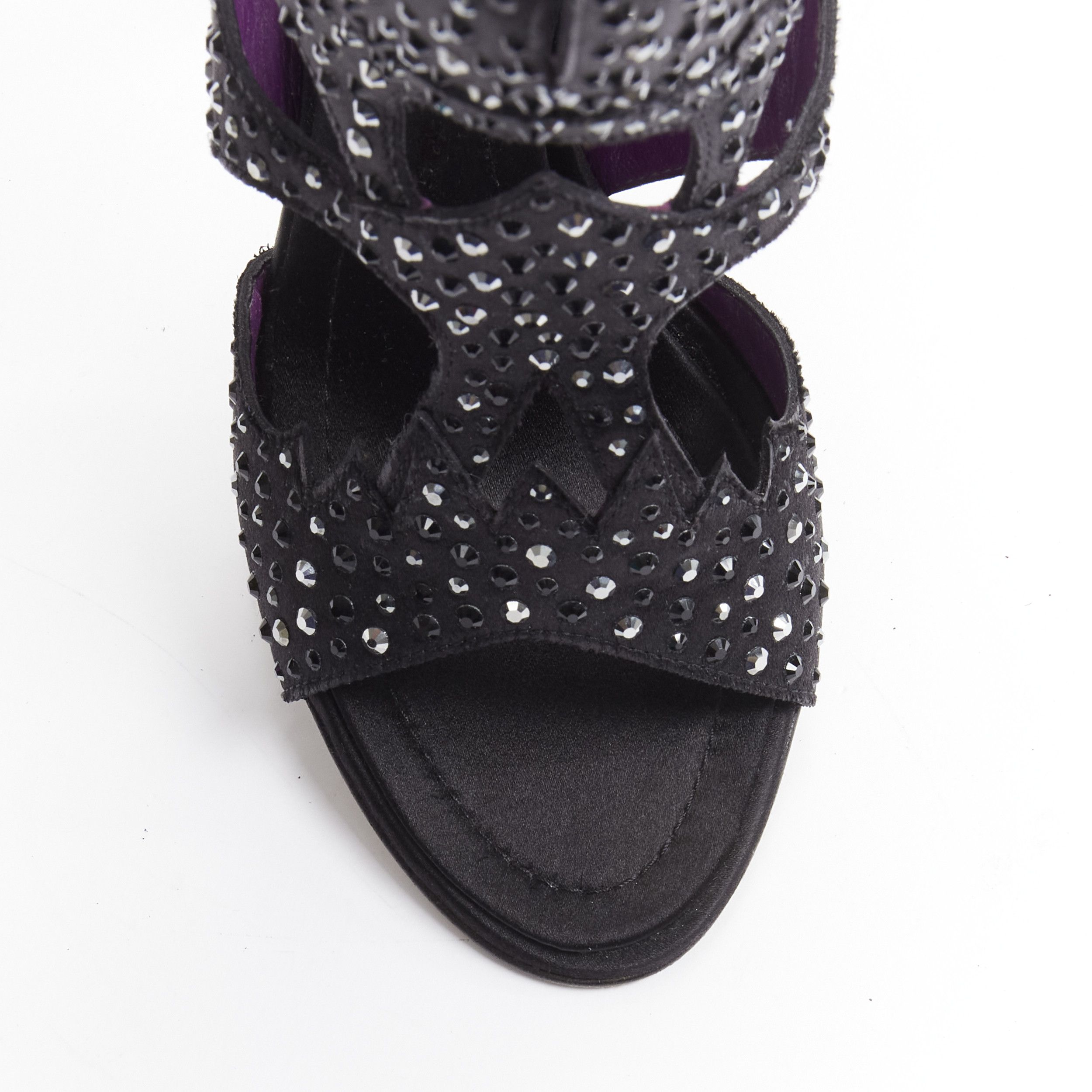 Giuseppe Zanotti GIUSEPPE ZANOTTI black crystal embellished satin cutout sandals heels EU37.5 Size US 7.5 / IT 37.5 - 6 Thumbnail