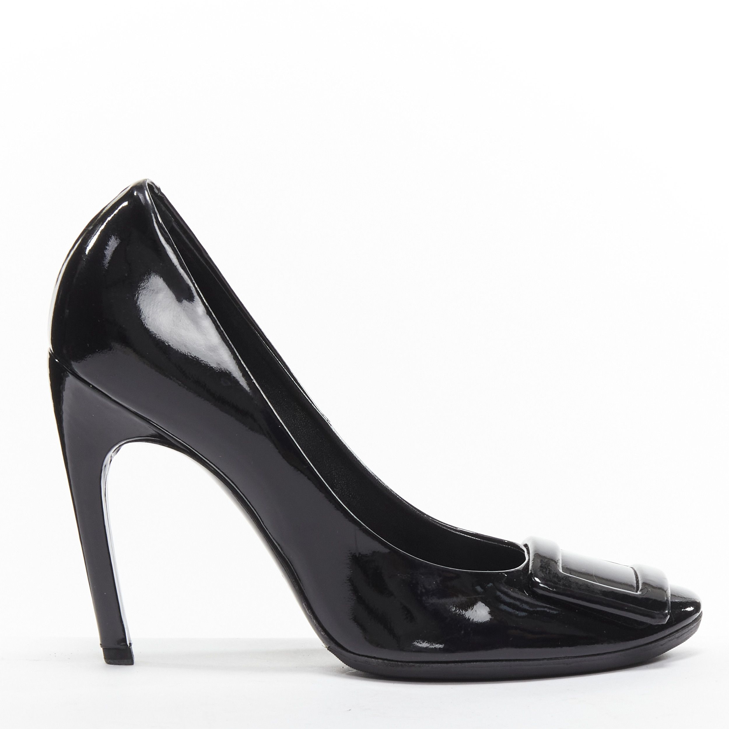 Roger Vivier ROGER VIVIER Trompette black patent leather buckle curved heel pumps EU38 Size US 8 / IT 38 - 3 Thumbnail