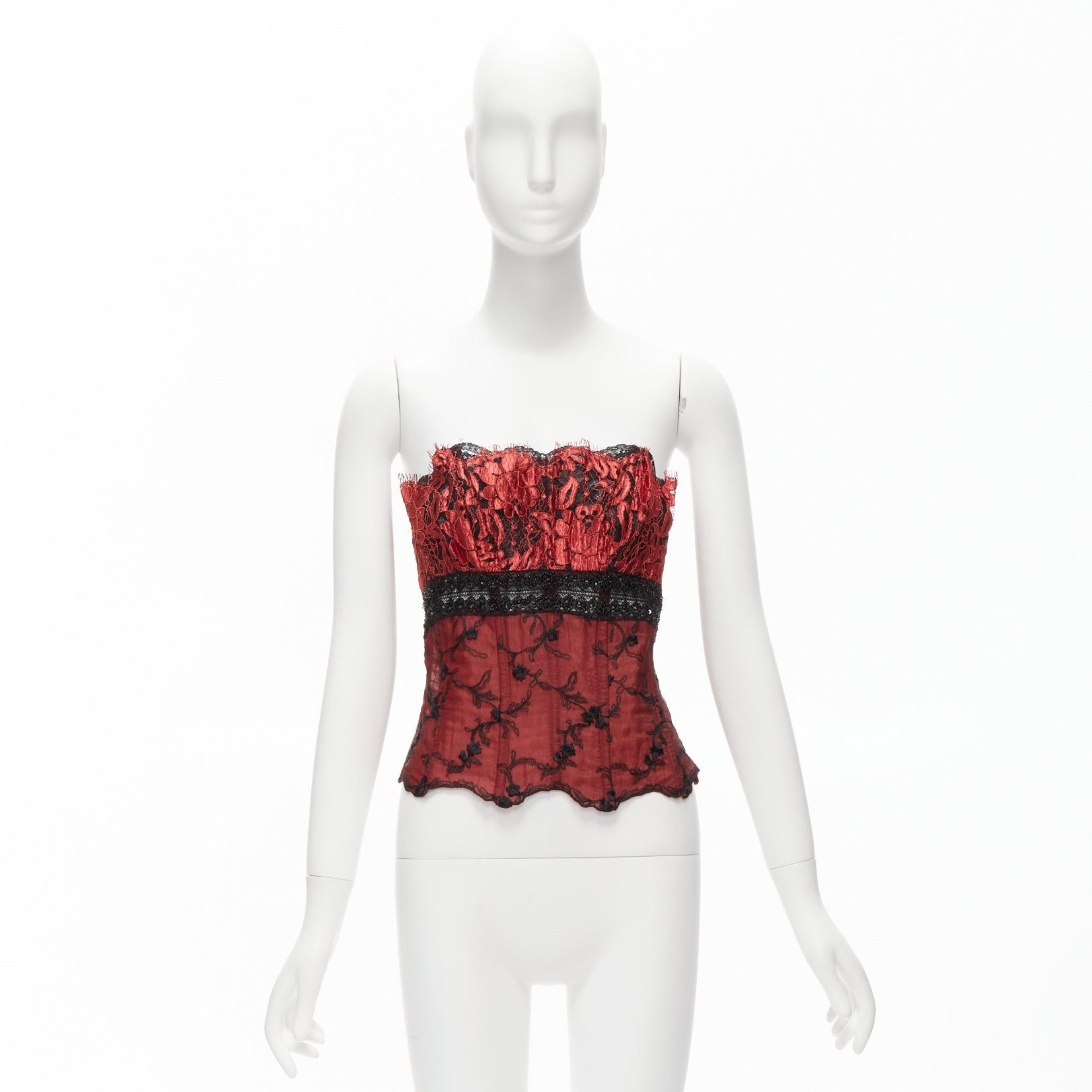 La Perla RITMO DI PERLA La Perla Vintage red black beaded lace lurex sheer corset bustier top IT46 XL Size L / US 10 / IT 46 - 9 Thumbnail