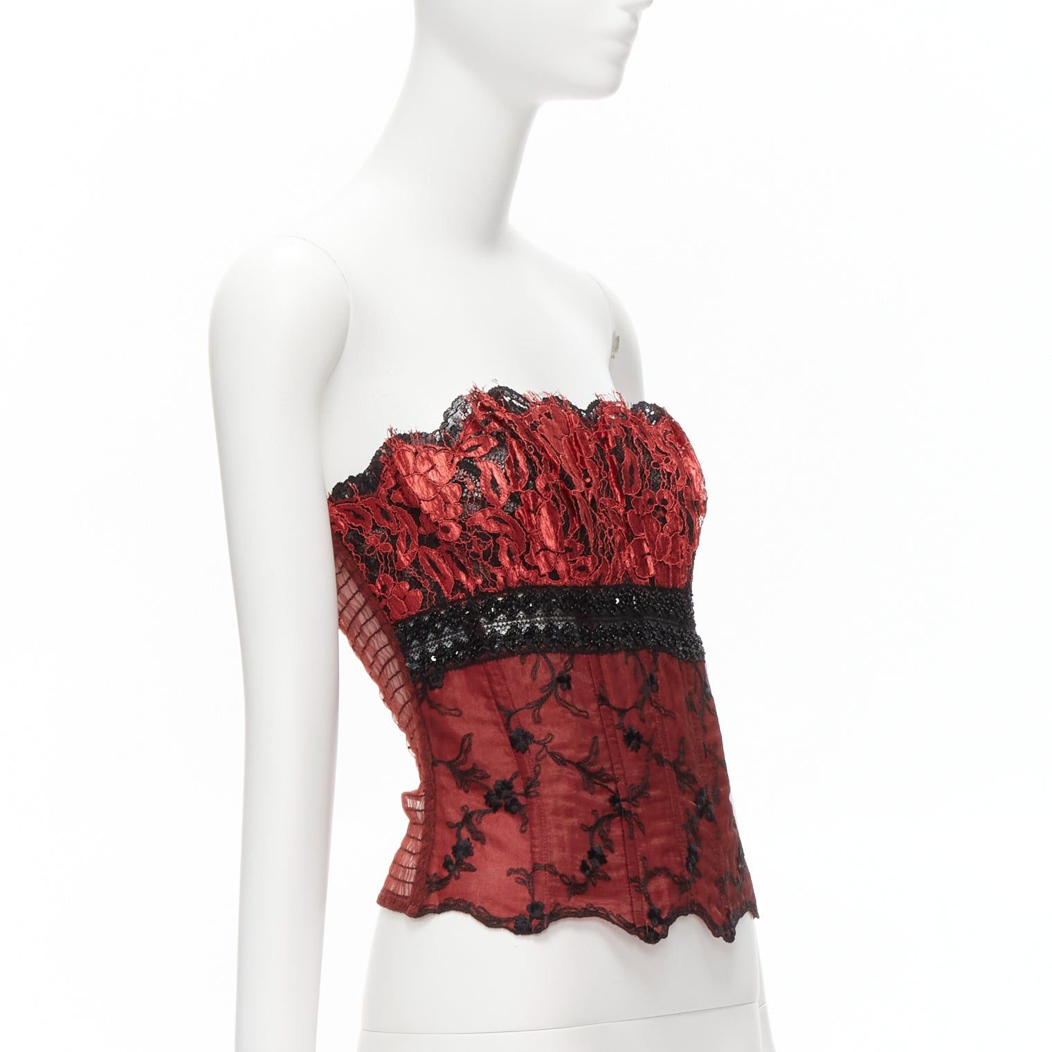La Perla RITMO DI PERLA La Perla Vintage red black beaded lace lurex sheer corset bustier top IT46 XL Size L / US 10 / IT 46 - 3 Thumbnail