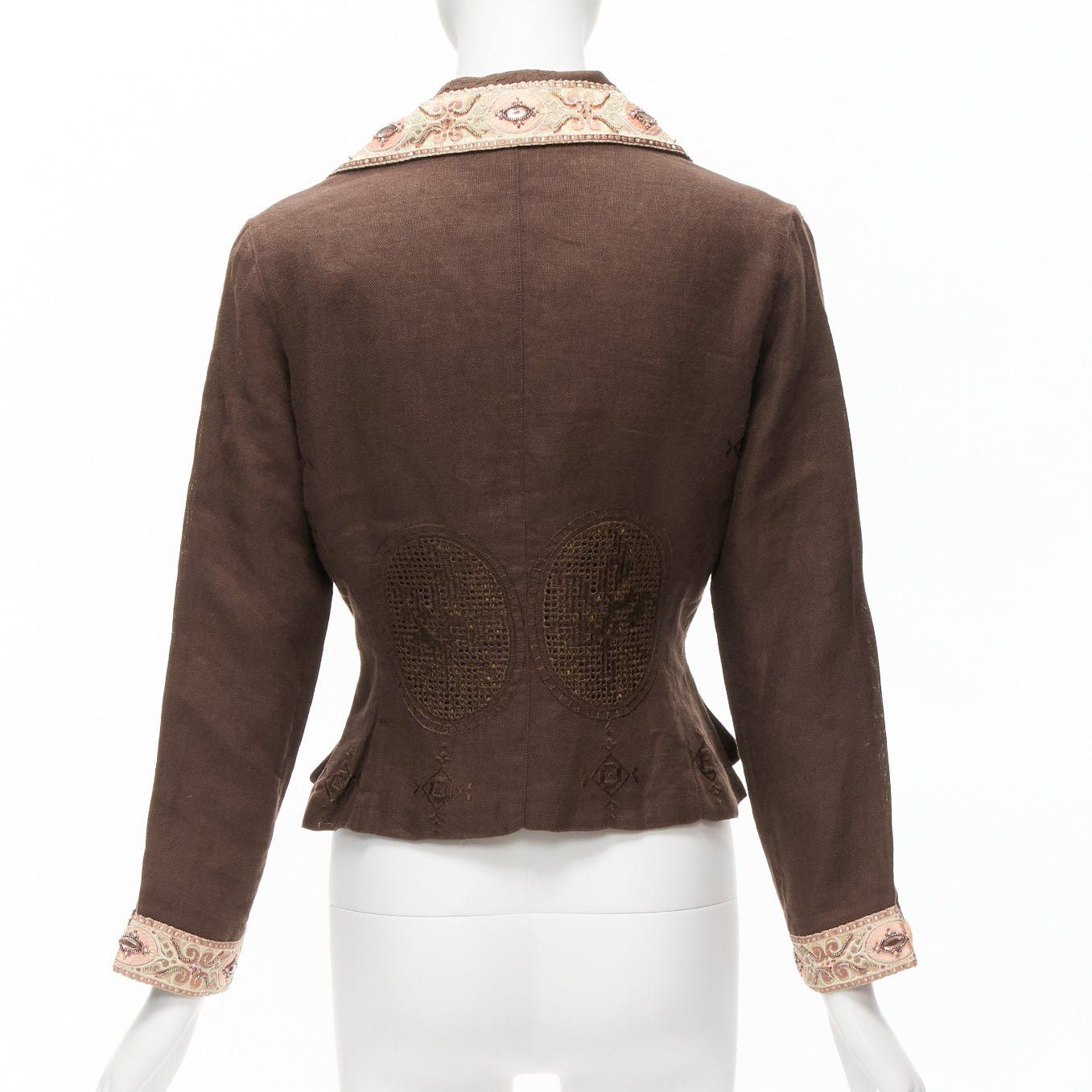 Voyage VOYAGE INVEST IN THE ORIGINAL LONDON beige embroidery beaded brown linen cotton blazer M Size M / US 6-8 / IT 42-44 - 6 Thumbnail