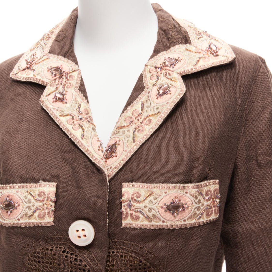 Voyage VOYAGE INVEST IN THE ORIGINAL LONDON beige embroidery beaded brown linen cotton blazer M Size M / US 6-8 / IT 42-44 - 2 Thumbnail