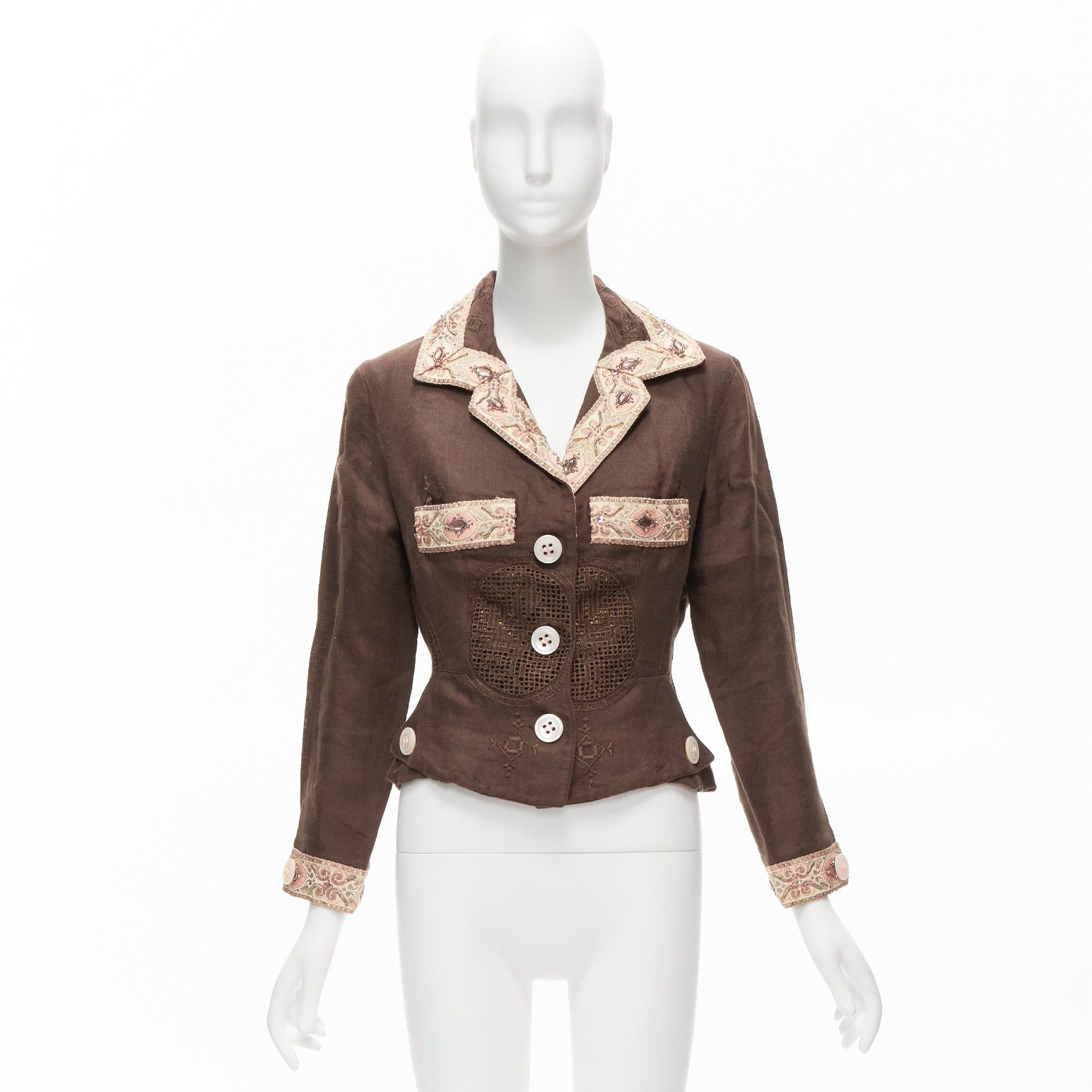 Voyage VOYAGE INVEST IN THE ORIGINAL LONDON beige embroidery beaded brown linen cotton blazer M Size M / US 6-8 / IT 42-44 - 10 Thumbnail