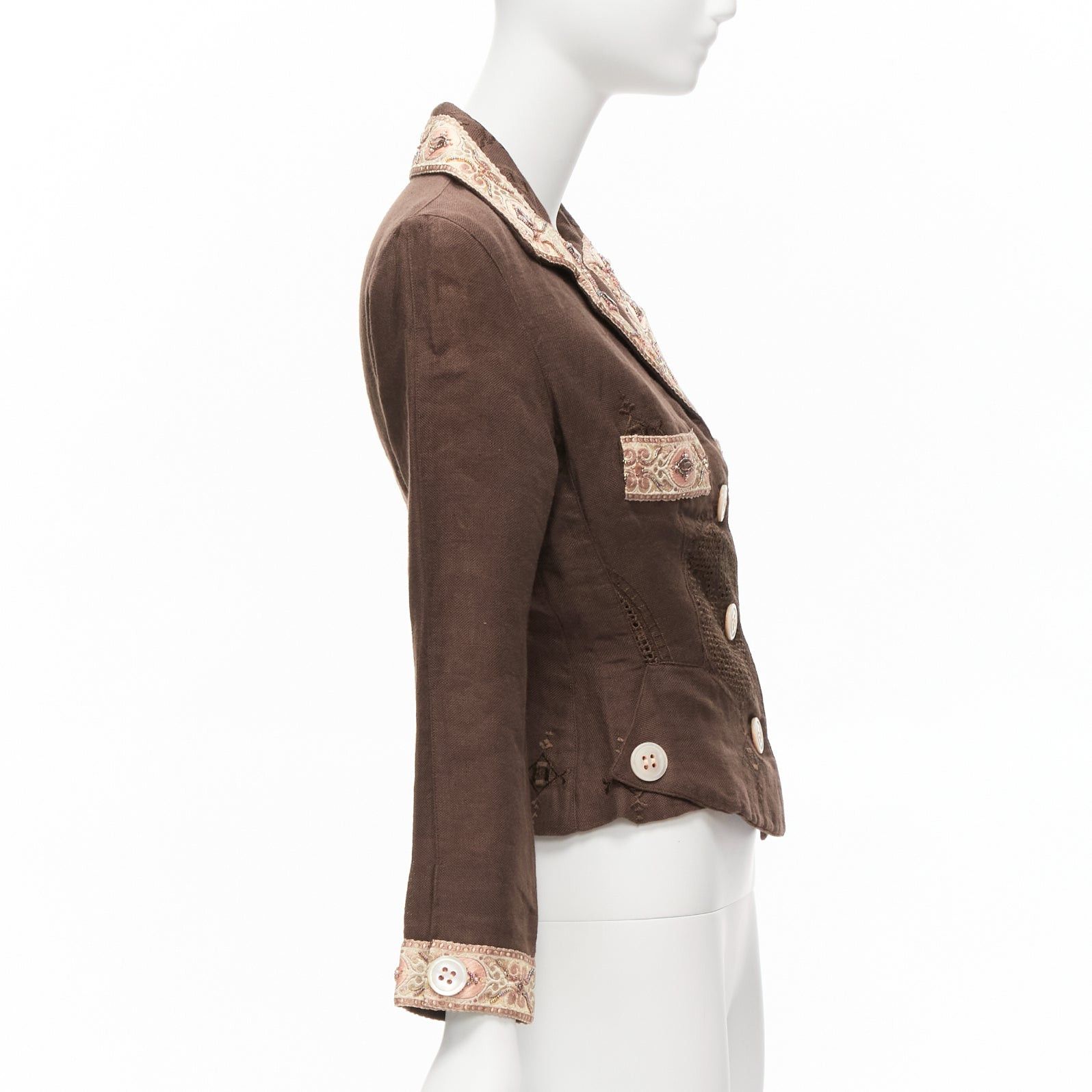 Voyage VOYAGE INVEST IN THE ORIGINAL LONDON beige embroidery beaded brown linen cotton blazer M Size M / US 6-8 / IT 42-44 - 5 Thumbnail