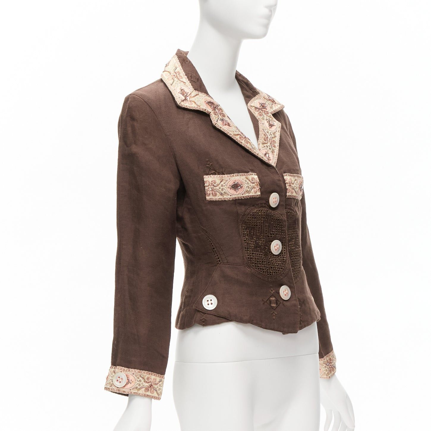 Voyage VOYAGE INVEST IN THE ORIGINAL LONDON beige embroidery beaded brown linen cotton blazer M Size M / US 6-8 / IT 42-44 - 4 Thumbnail