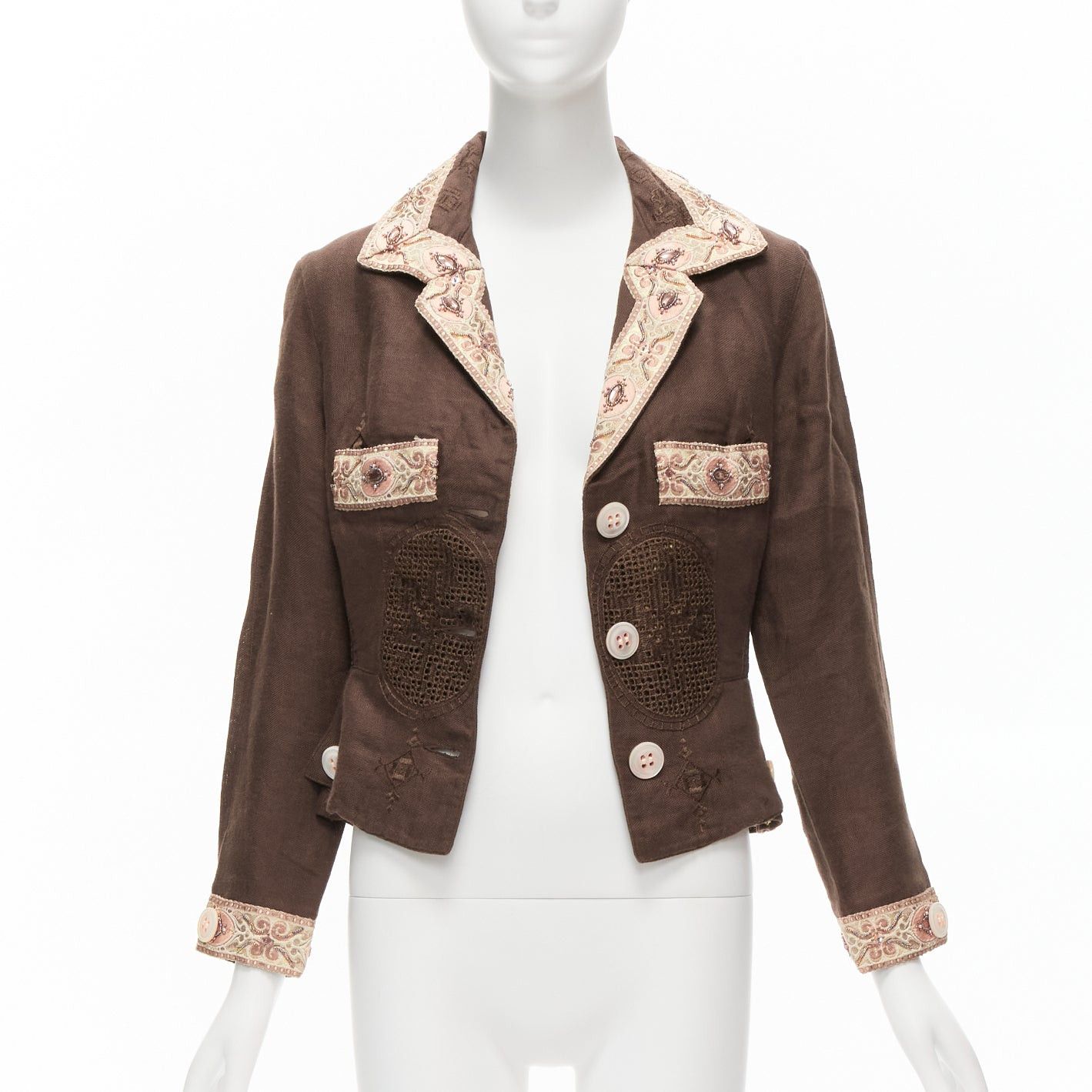 Voyage VOYAGE INVEST IN THE ORIGINAL LONDON beige embroidery beaded brown linen cotton blazer M Size M / US 6-8 / IT 42-44 - 3 Thumbnail