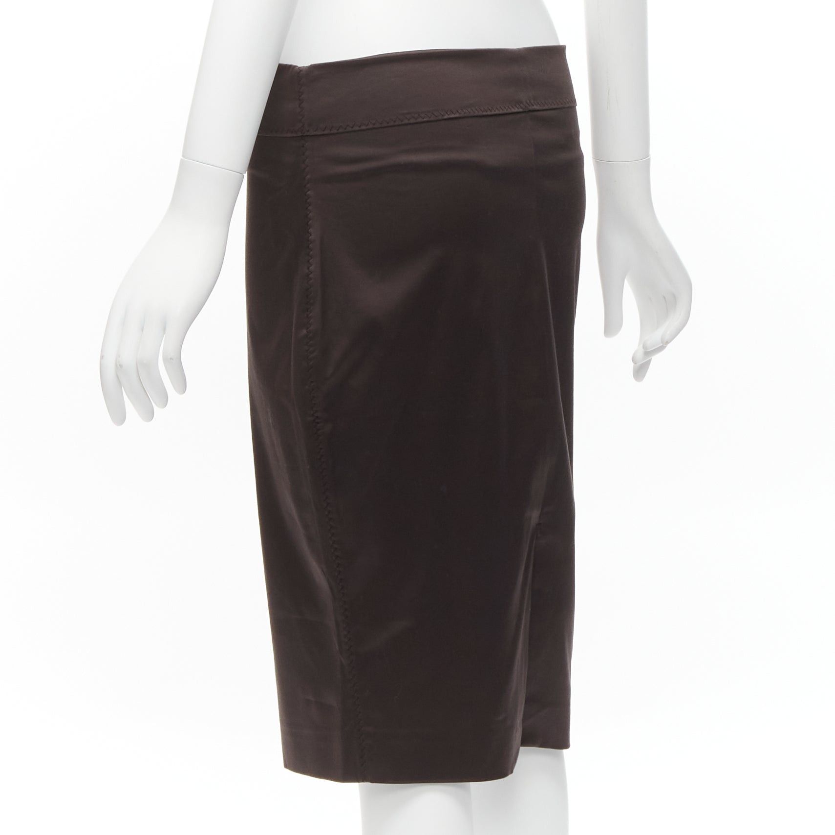 Gucci GUCCI brown silky texture zigzag topstitch flap waistband pencil knee skirt IT42 M Size 28" / US 6 / IT 42 - 6 Thumbnail