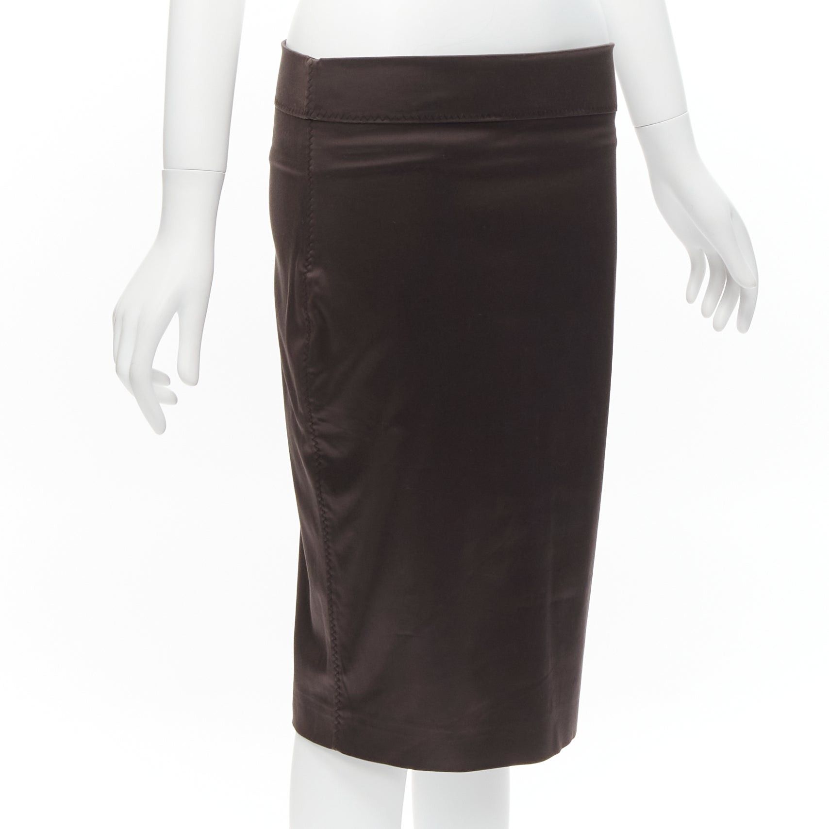Gucci GUCCI brown silky texture zigzag topstitch flap waistband pencil knee skirt IT42 M Size 28" / US 6 / IT 42 - 3 Thumbnail