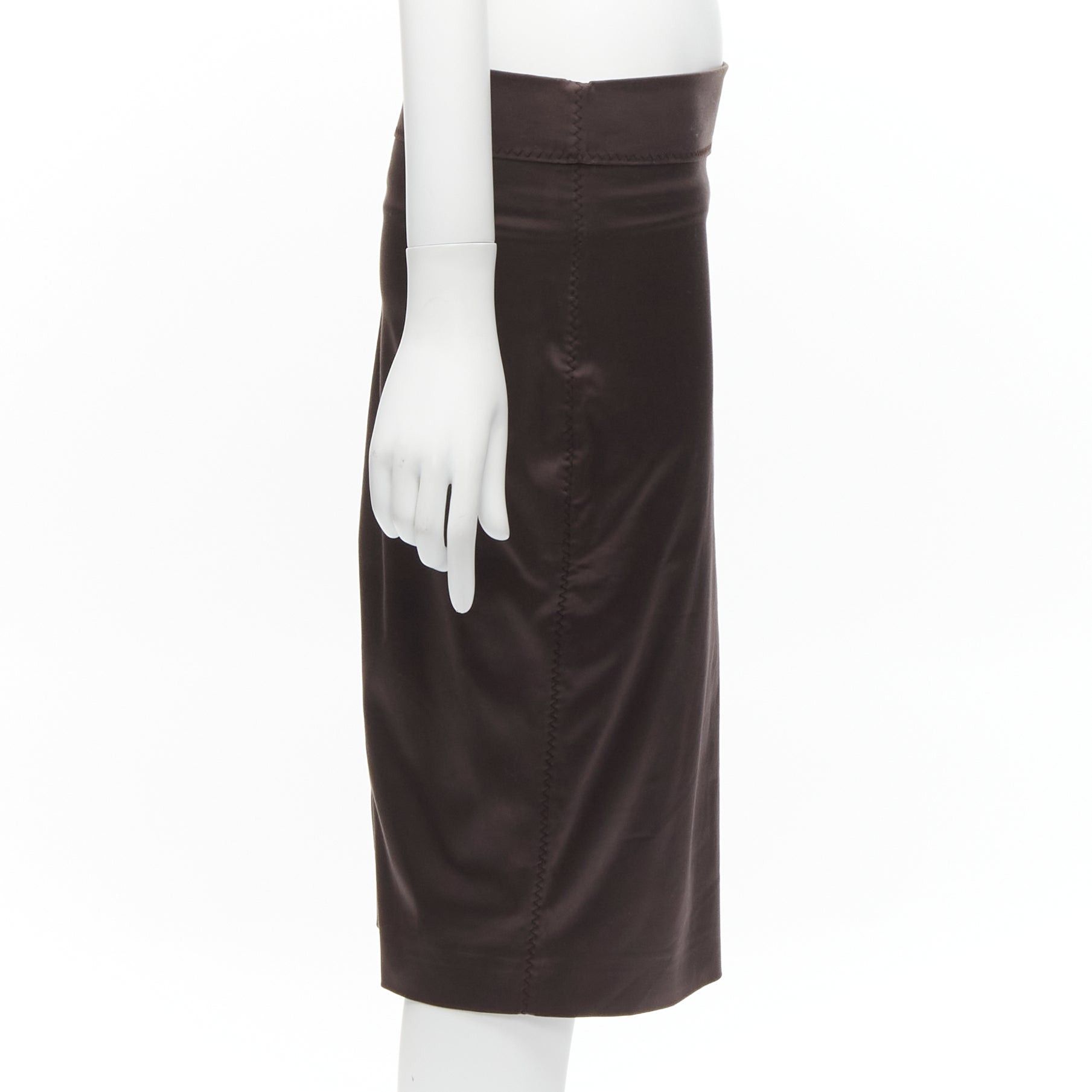 Gucci GUCCI brown silky texture zigzag topstitch flap waistband pencil knee skirt IT42 M Size 28" / US 6 / IT 42 - 4 Thumbnail