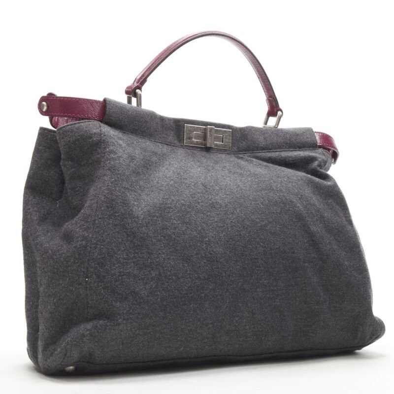 Fendi rare FENDI Peekaboo grey wool burgundy textured leather shoulder satchel bag Size ONE SIZE - 3 Thumbnail