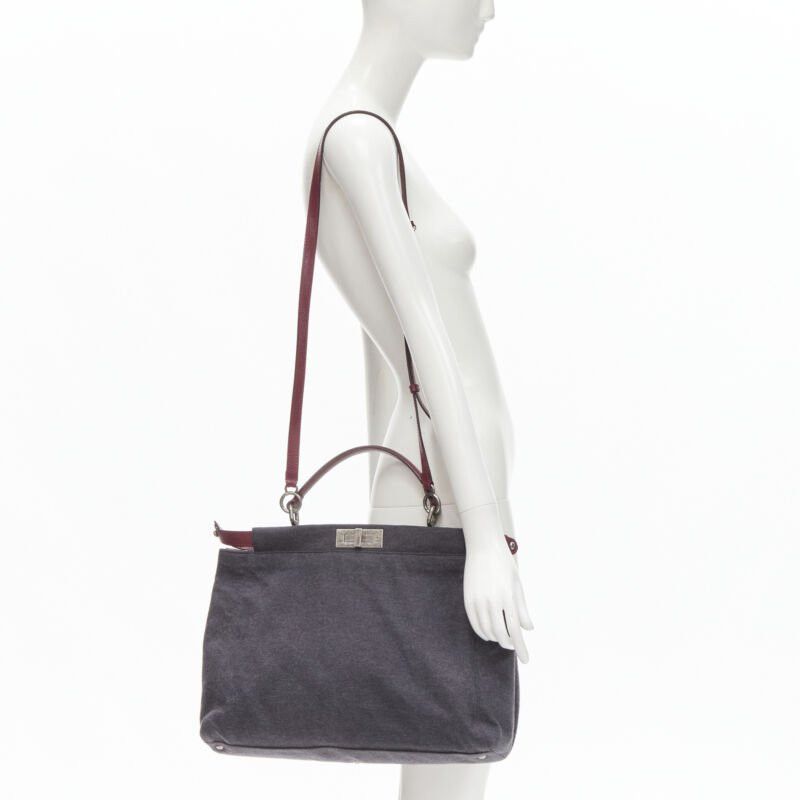 Fendi rare FENDI Peekaboo grey wool burgundy textured leather shoulder satchel bag Size ONE SIZE - 2 Thumbnail