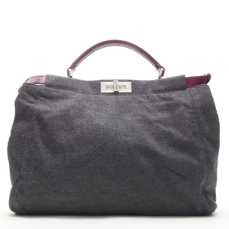 Fendi rare FENDI Peekaboo grey wool burgundy textured leather shoulder satchel bag Size ONE SIZE - 5 Thumbnail