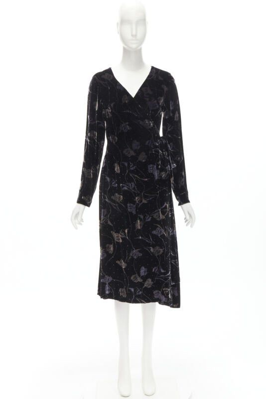 Diane von Furstenberg DIANE VON FUSTENBERG black floral print velvet wrap dress robe XS Size XS / US 0-2 / IT 36-38 - 10 Thumbnail