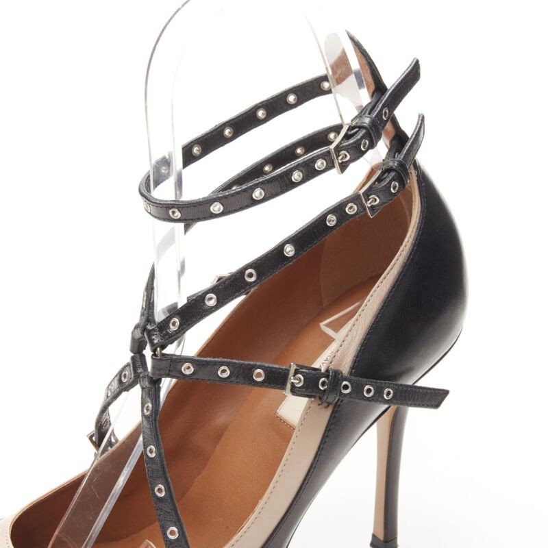 Valentino VALENTINO black beige leather silver grommet stud bondage harness pump EU38 Size US 8 / IT 38 - 9 Thumbnail
