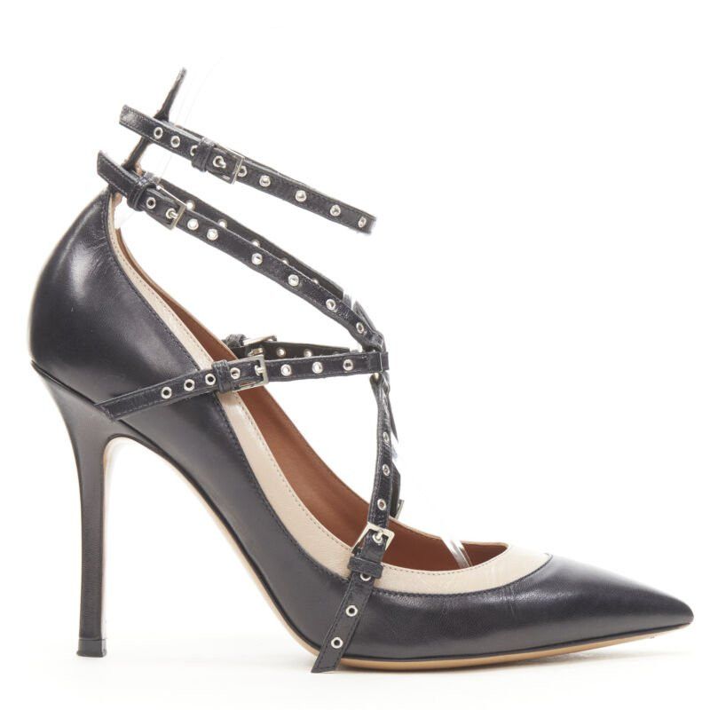 Valentino VALENTINO black beige leather silver grommet stud bondage harness pump EU38 Size US 8 / IT 38 - 3 Thumbnail