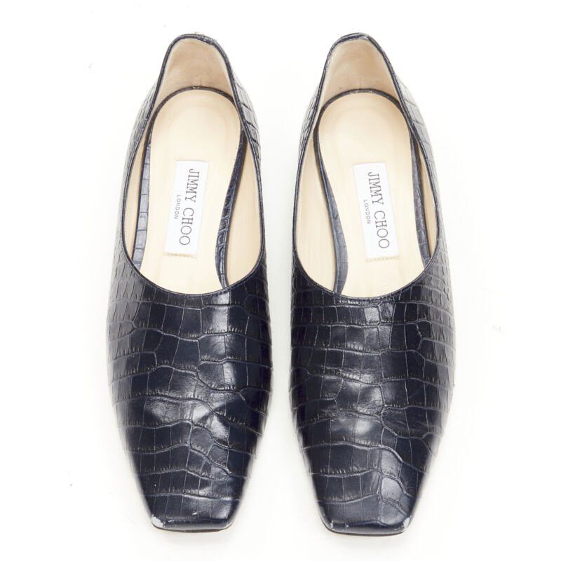 Jimmy Choo JIMMY CHOO black navy mock croc leather square toe JC charm flats EU38 Size US 8 / IT 38 - 2 Thumbnail