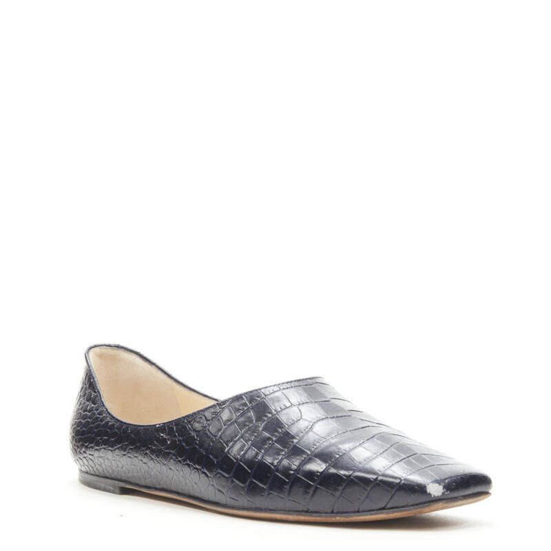 Jimmy Choo JIMMY CHOO black navy mock croc leather square toe JC charm flats EU38 Size US 8 / IT 38 - 3 Thumbnail