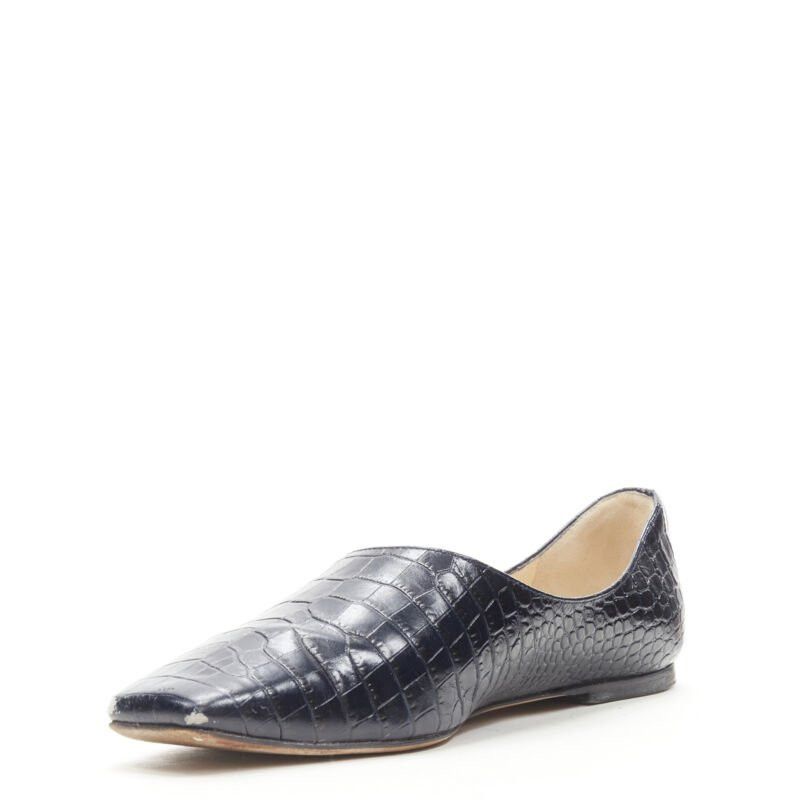 Jimmy Choo JIMMY CHOO black navy mock croc leather square toe JC charm flats EU38 Size US 8 / IT 38 - 4 Thumbnail