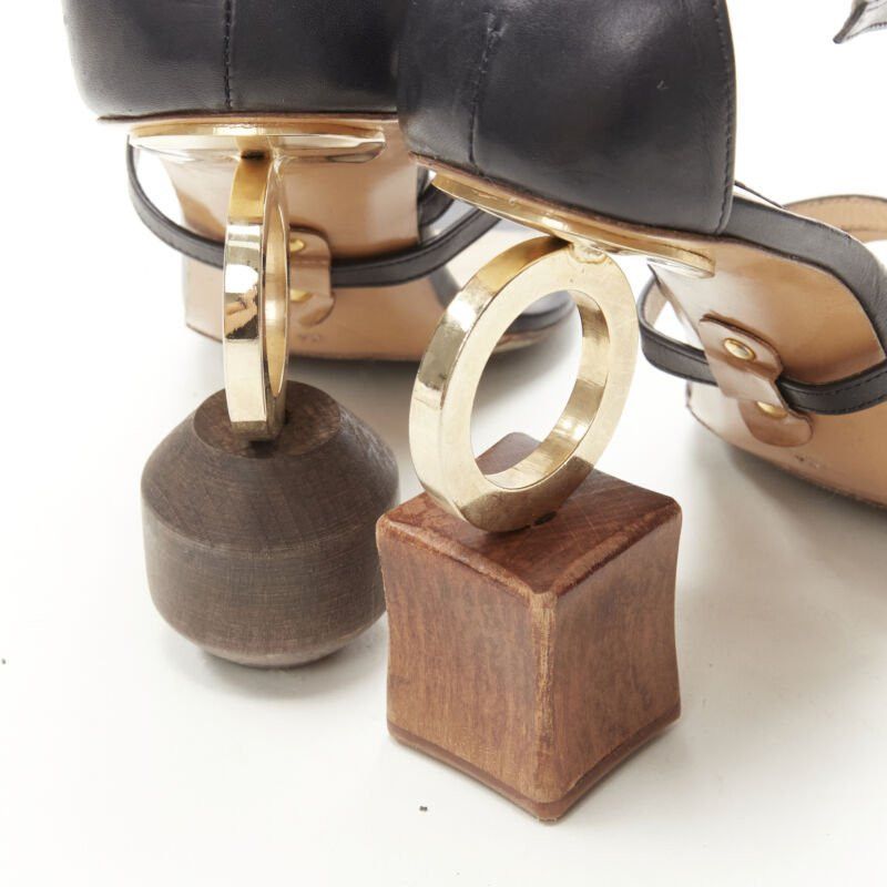 Jacquemus JACQUEMUS Runway architectural wood block gold ring black strappy heel EU36 Size US 6 / IT 36 - 5 Thumbnail