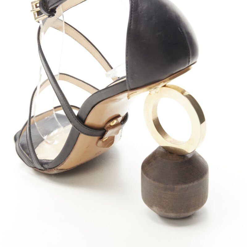 Jacquemus JACQUEMUS Runway architectural wood block gold ring black strappy heel EU36 Size US 6 / IT 36 - 8 Thumbnail