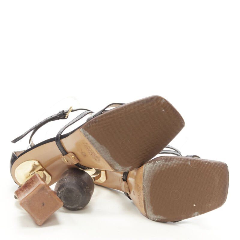 Jacquemus JACQUEMUS Runway architectural wood block gold ring black strappy heel EU36 Size US 6 / IT 36 - 11 Thumbnail