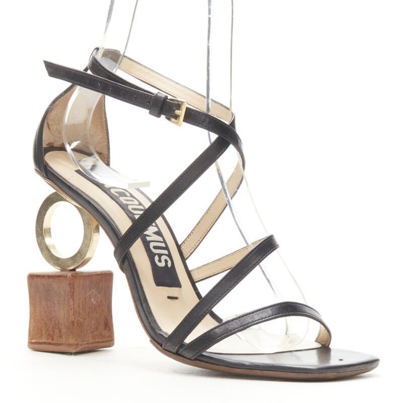 Jacquemus JACQUEMUS Runway architectural wood block gold ring black strappy heel EU36 Size US 6 / IT 36 - 2 Thumbnail