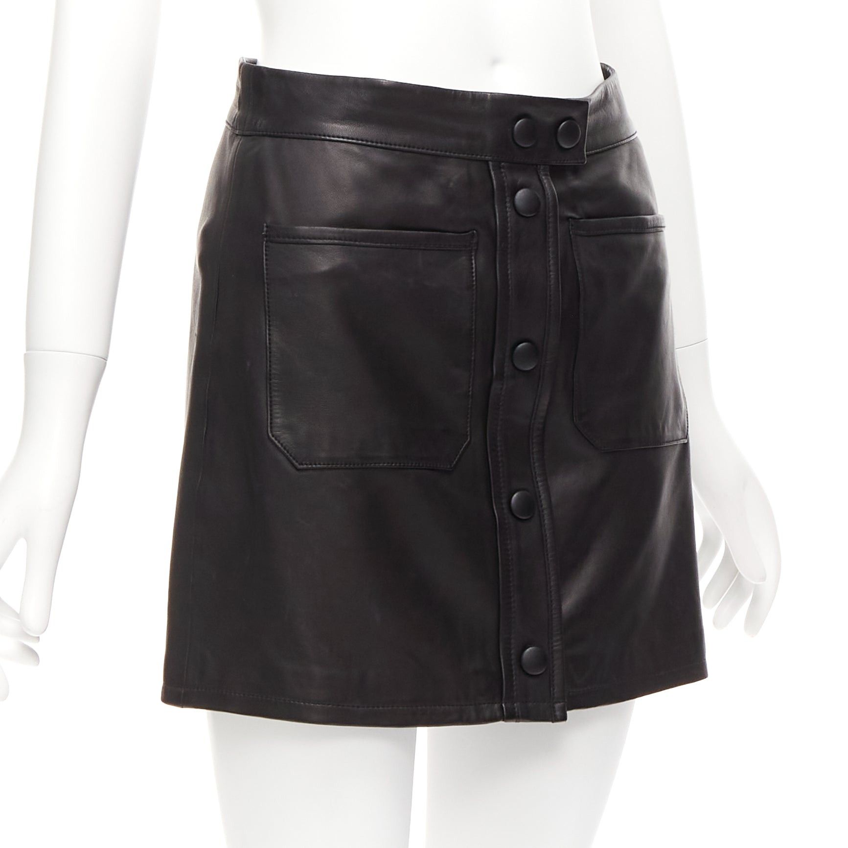Frame FRAME black lambskin leather snap button patch pocket mini skirt 25" Size 26" / US 2 / IT 38 - 3 Thumbnail