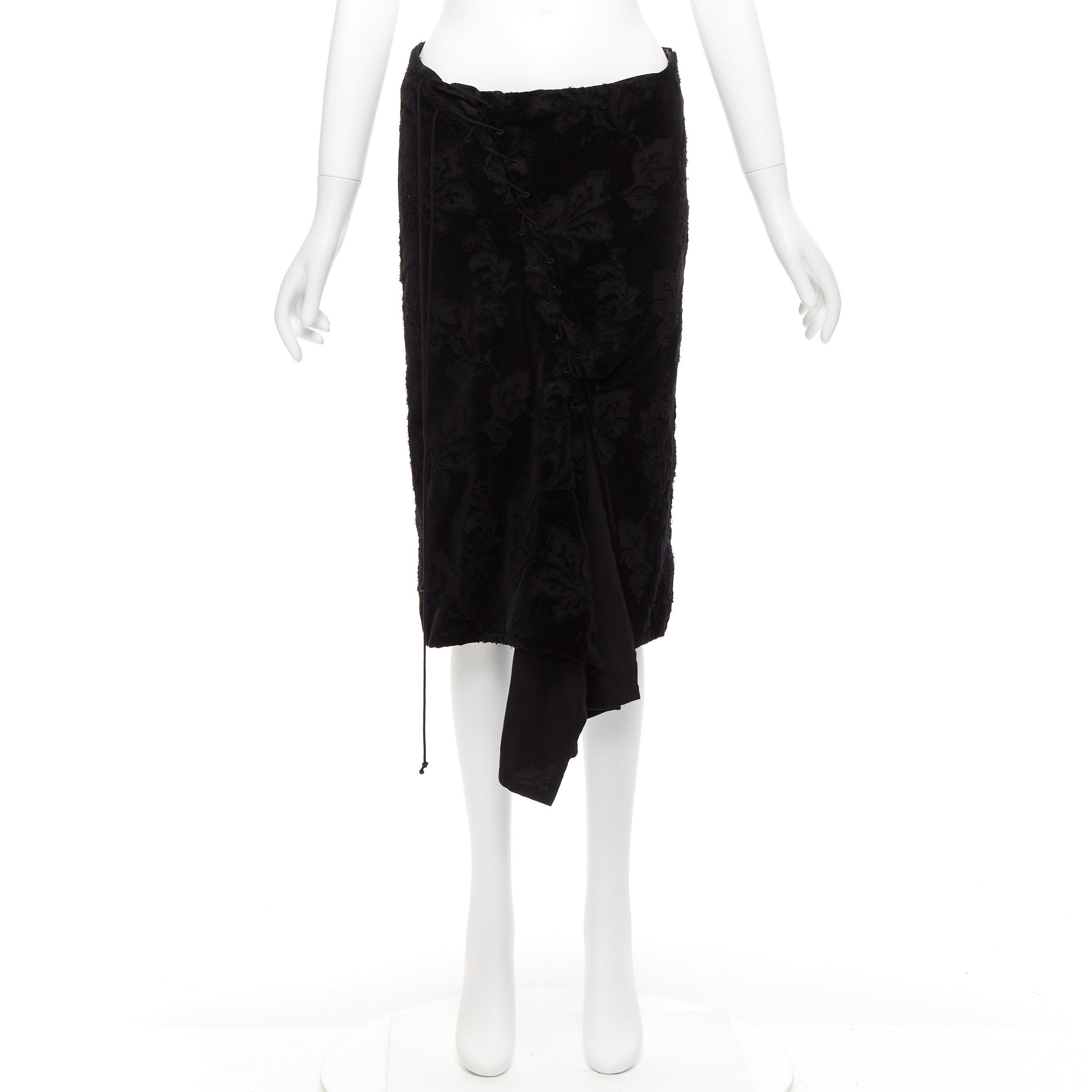 Yohji Yamamoto YOHJI YAMAMOTO NOIR black cotton velvet floral jacquard lace up skirt JP1 S Size 26" / US 2 / IT 38 - 9 Thumbnail