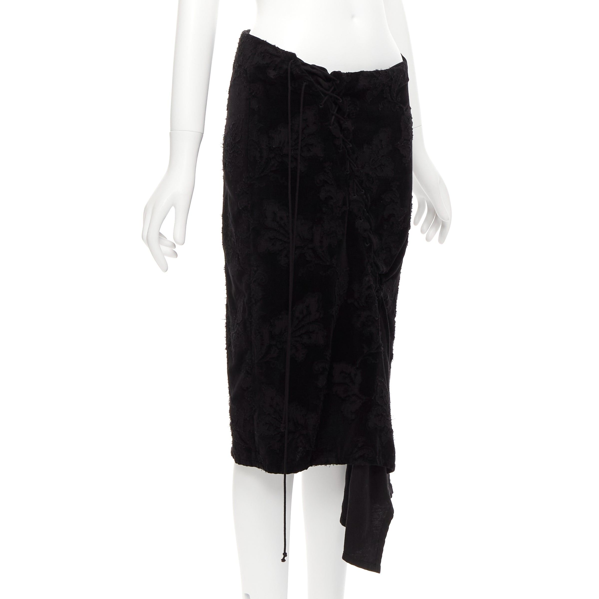 Yohji Yamamoto YOHJI YAMAMOTO NOIR black cotton velvet floral jacquard lace up skirt JP1 S Size 26" / US 2 / IT 38 - 3 Thumbnail