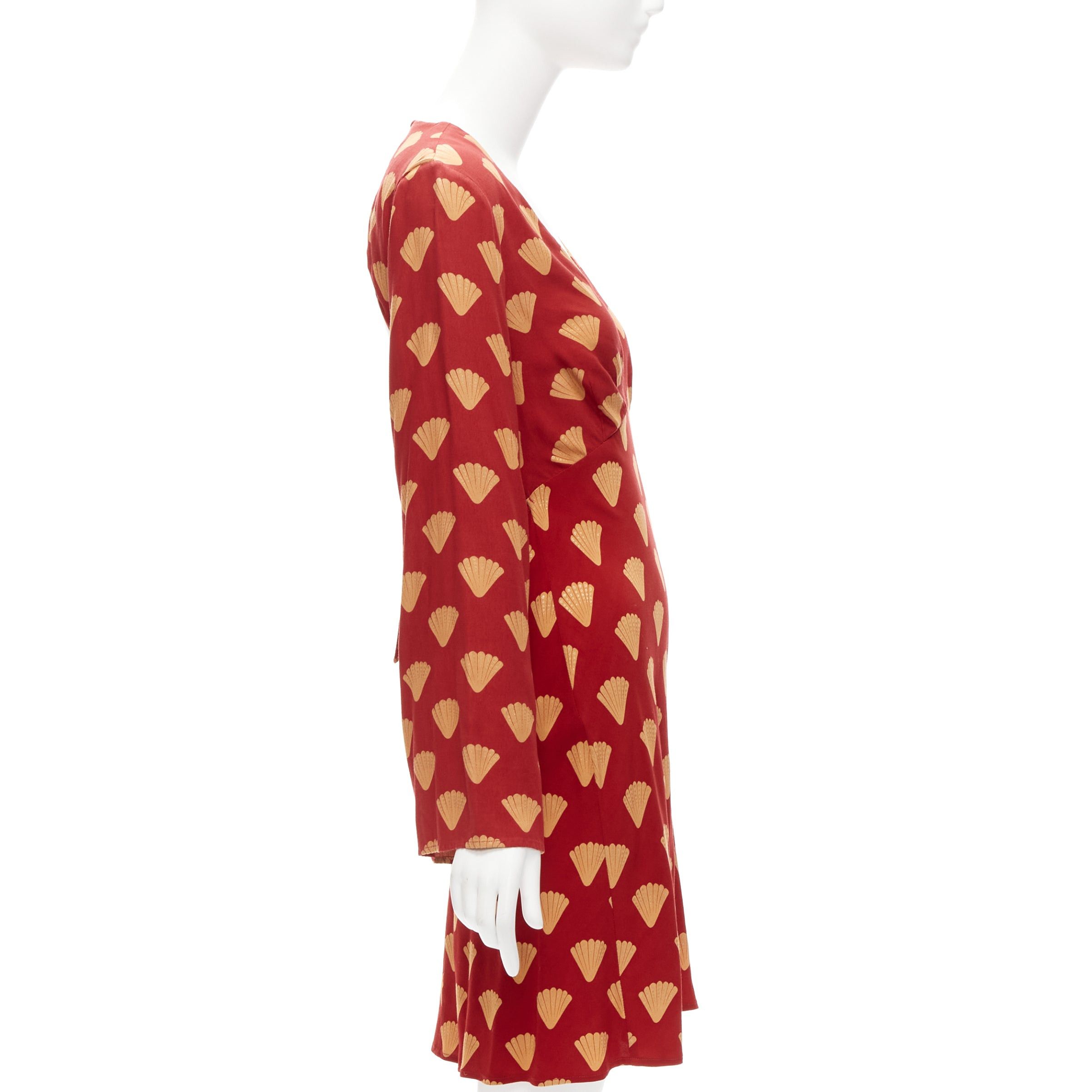 RIXO RIXO red gold oriental fan print V neck flare sleeves short dress S Size S / US 4 / IT 40 - 3 Thumbnail