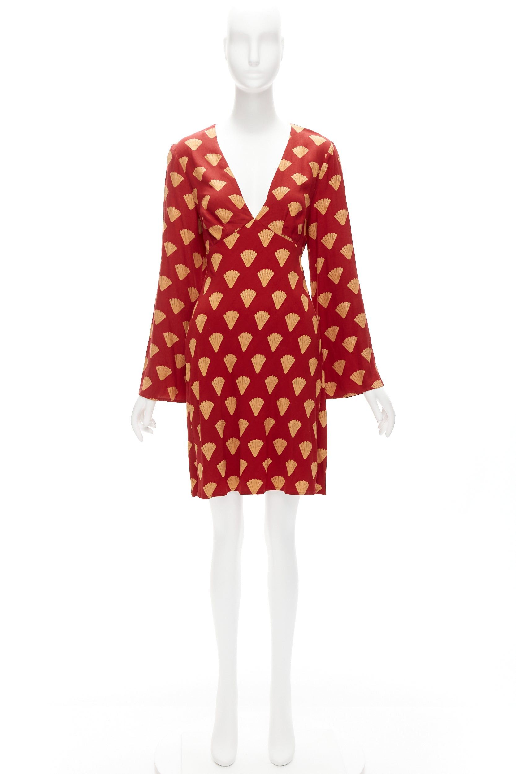 RIXO RIXO red gold oriental fan print V neck flare sleeves short dress S Size S / US 4 / IT 40 - 9 Thumbnail
