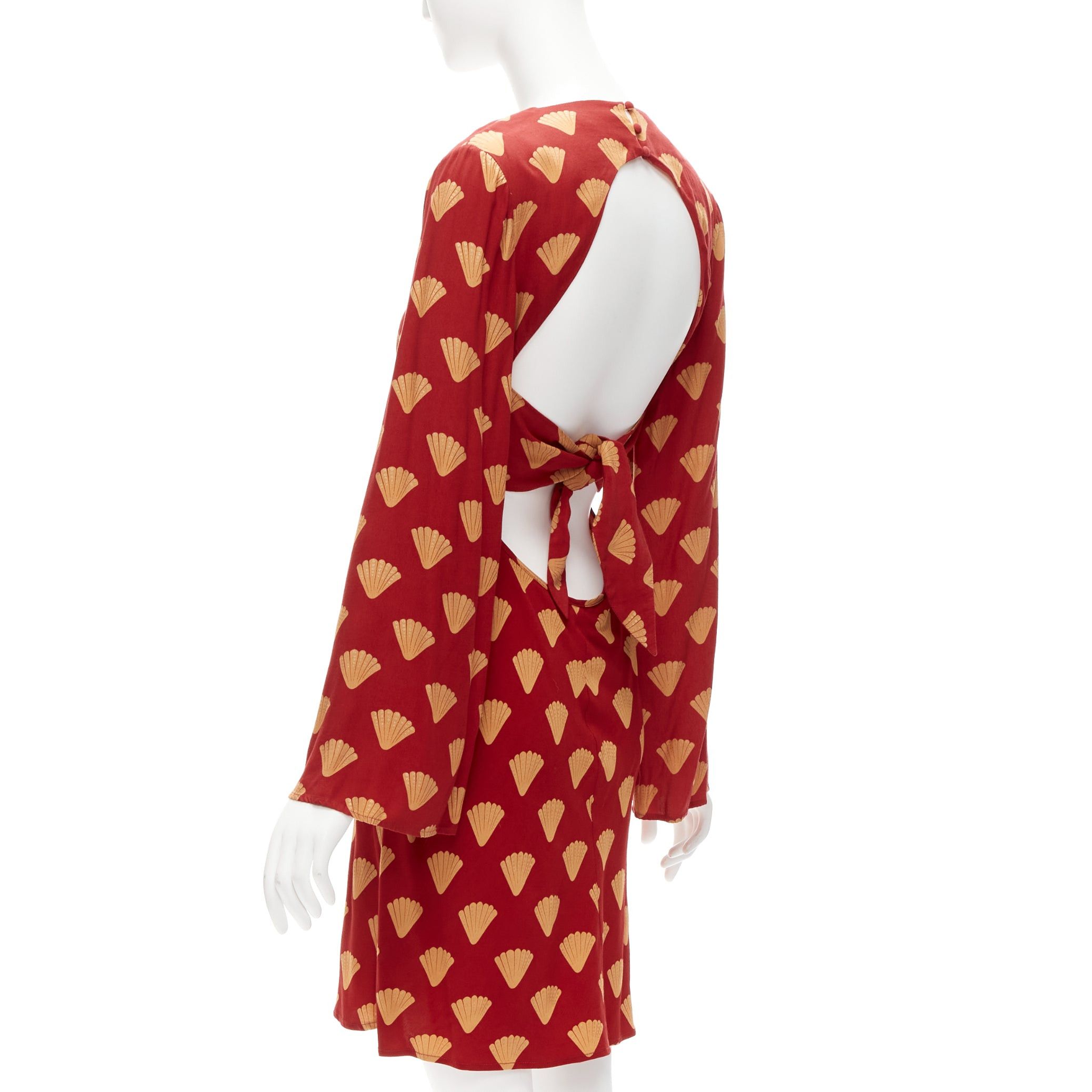 RIXO RIXO red gold oriental fan print V neck flare sleeves short dress S Size S / US 4 / IT 40 - 4 Thumbnail