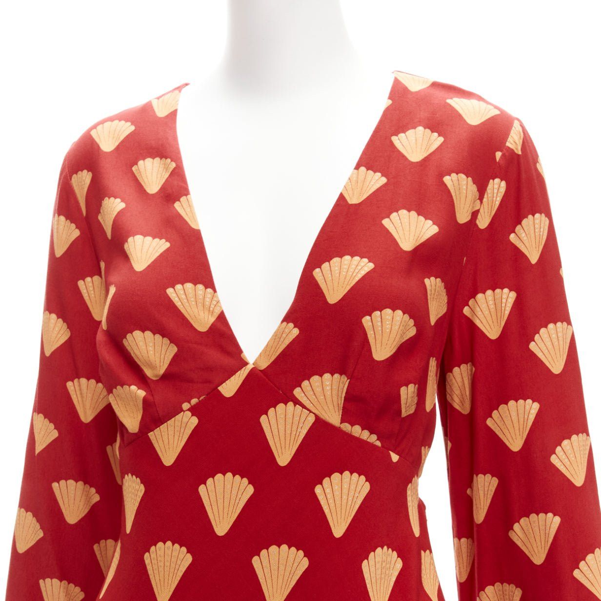 RIXO RIXO red gold oriental fan print V neck flare sleeves short dress S Size S / US 4 / IT 40 - 6 Thumbnail