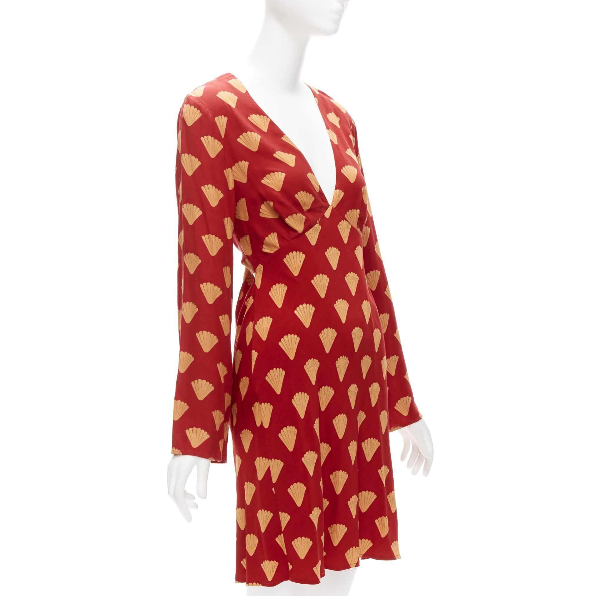 RIXO RIXO red gold oriental fan print V neck flare sleeves short dress S Size S / US 4 / IT 40 - 2 Thumbnail