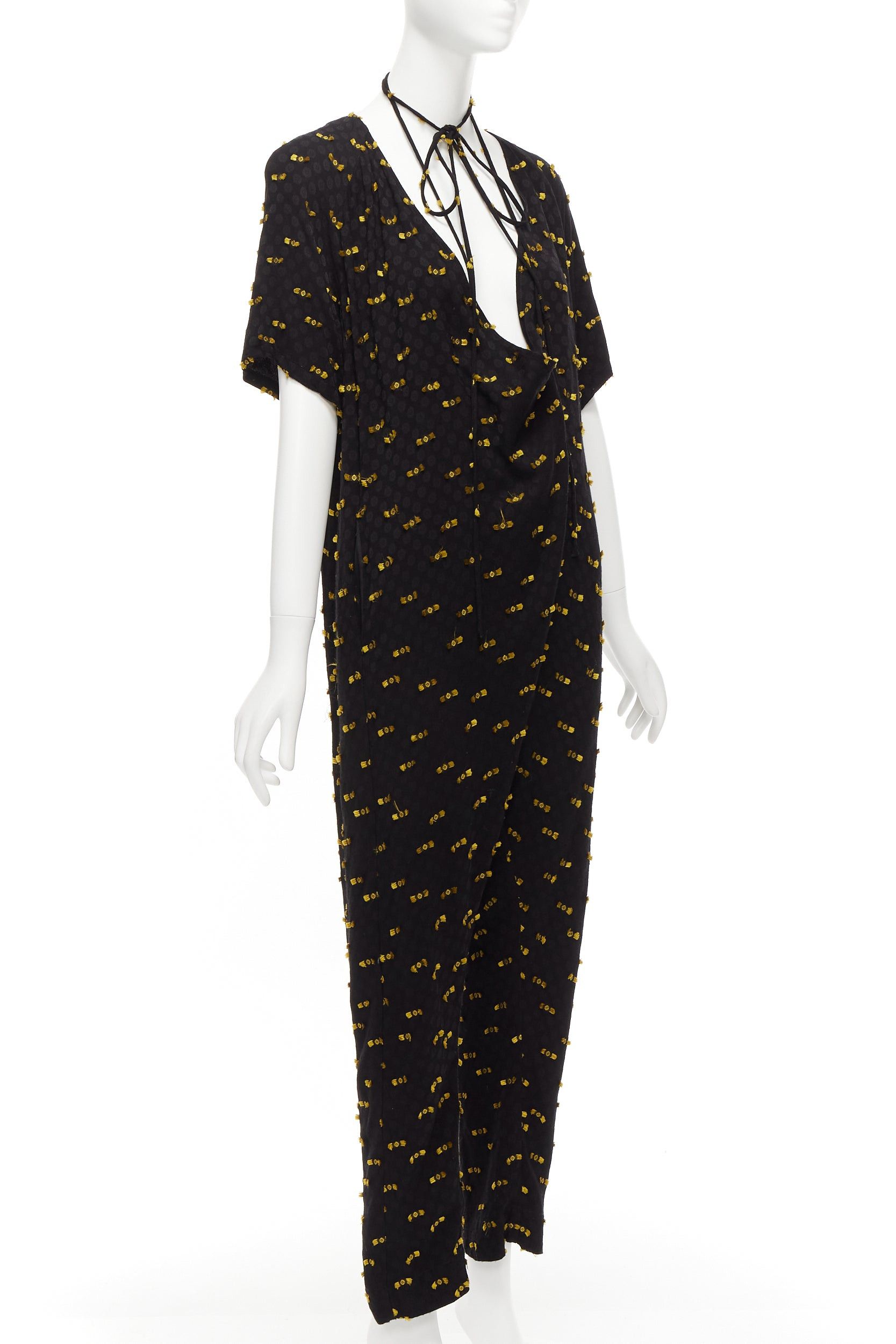 Rachel Comey RACHEL COMEY black yellow frayed edge detail tie neck relaxed jumpsuit US0 XS Size 26" / US 2 / IT 38 - 3 Thumbnail