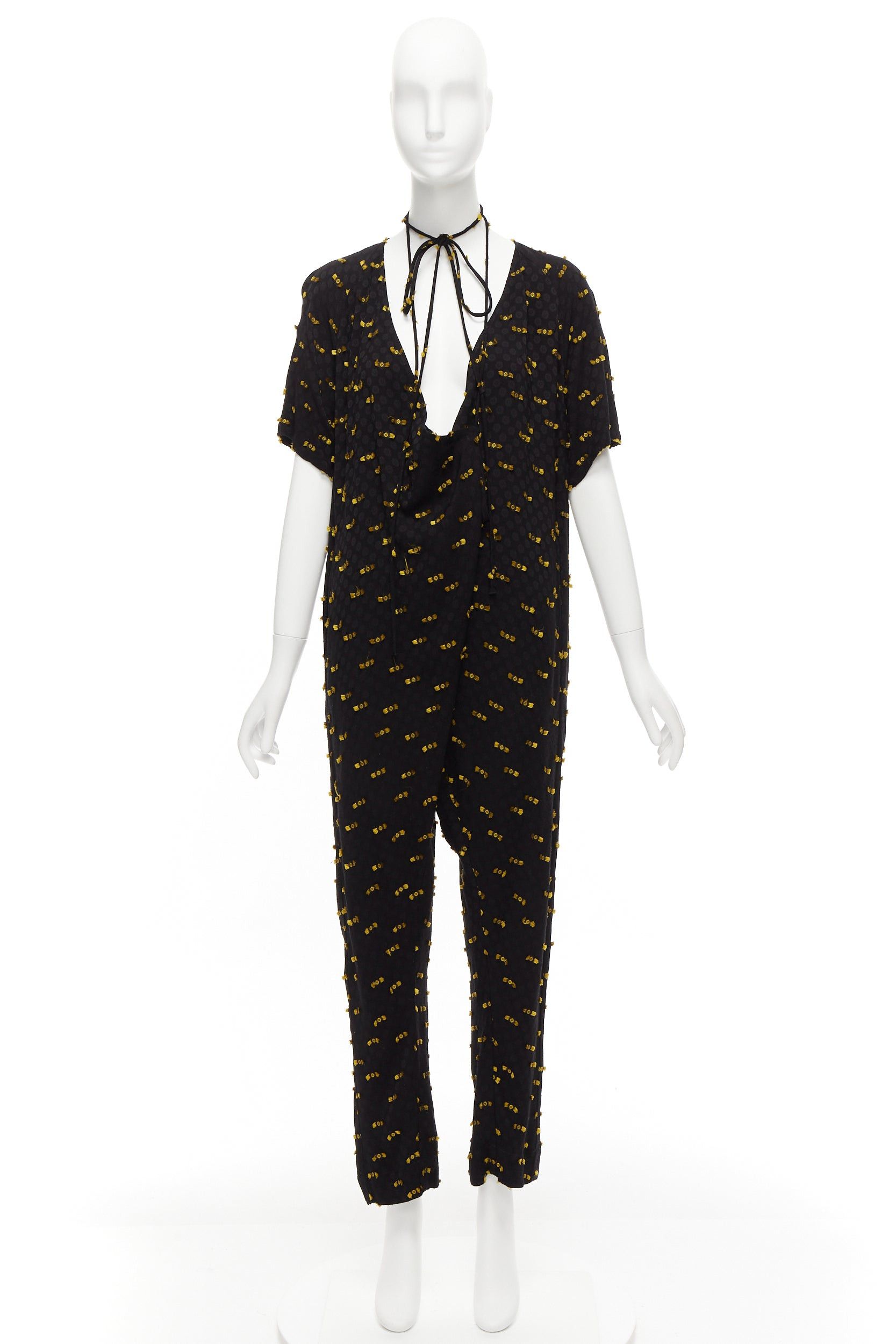 Rachel Comey RACHEL COMEY black yellow frayed edge detail tie neck relaxed jumpsuit US0 XS Size 26" / US 2 / IT 38 - 7 Thumbnail