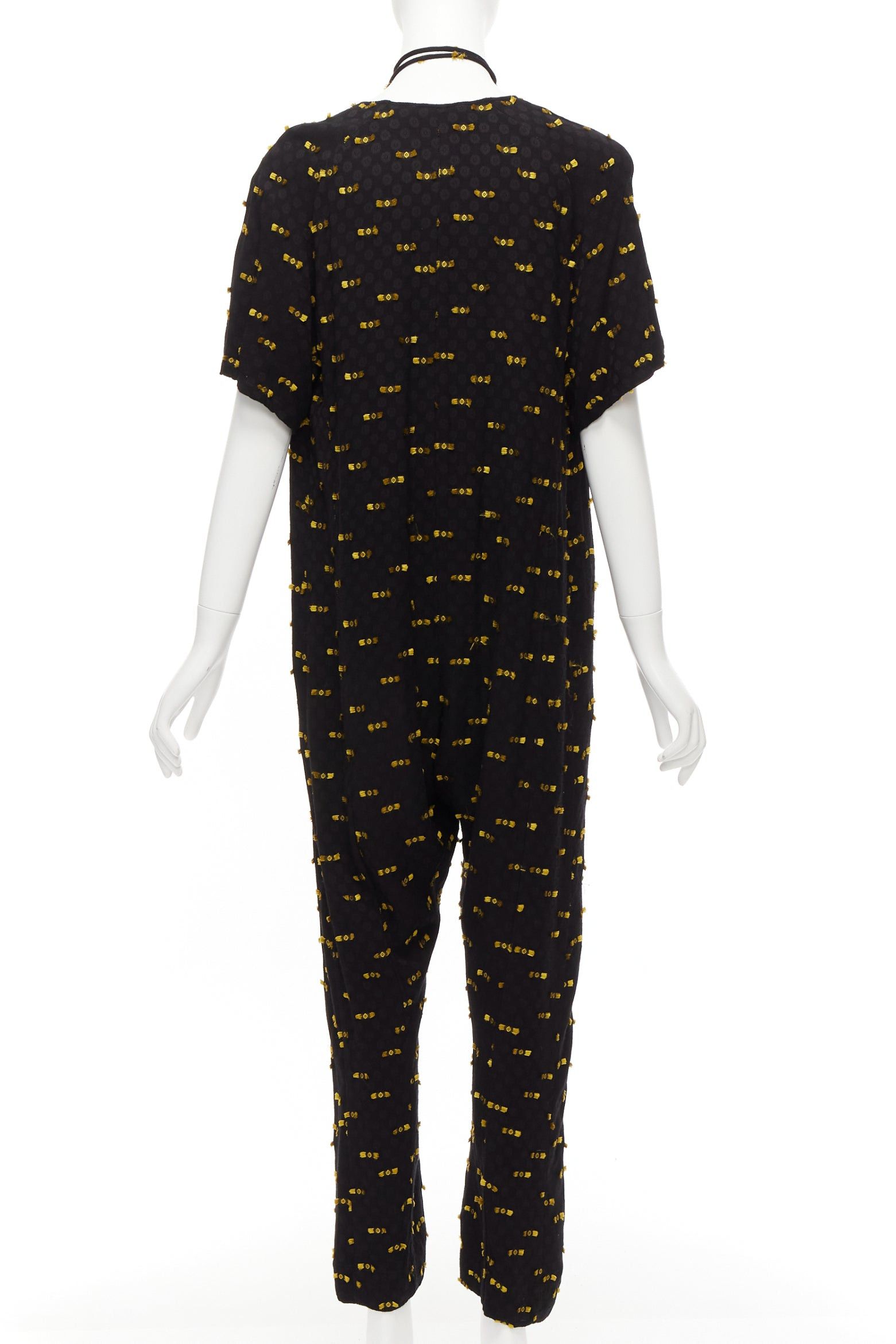 Rachel Comey RACHEL COMEY black yellow frayed edge detail tie neck relaxed jumpsuit US0 XS Size 26" / US 2 / IT 38 - 5 Thumbnail