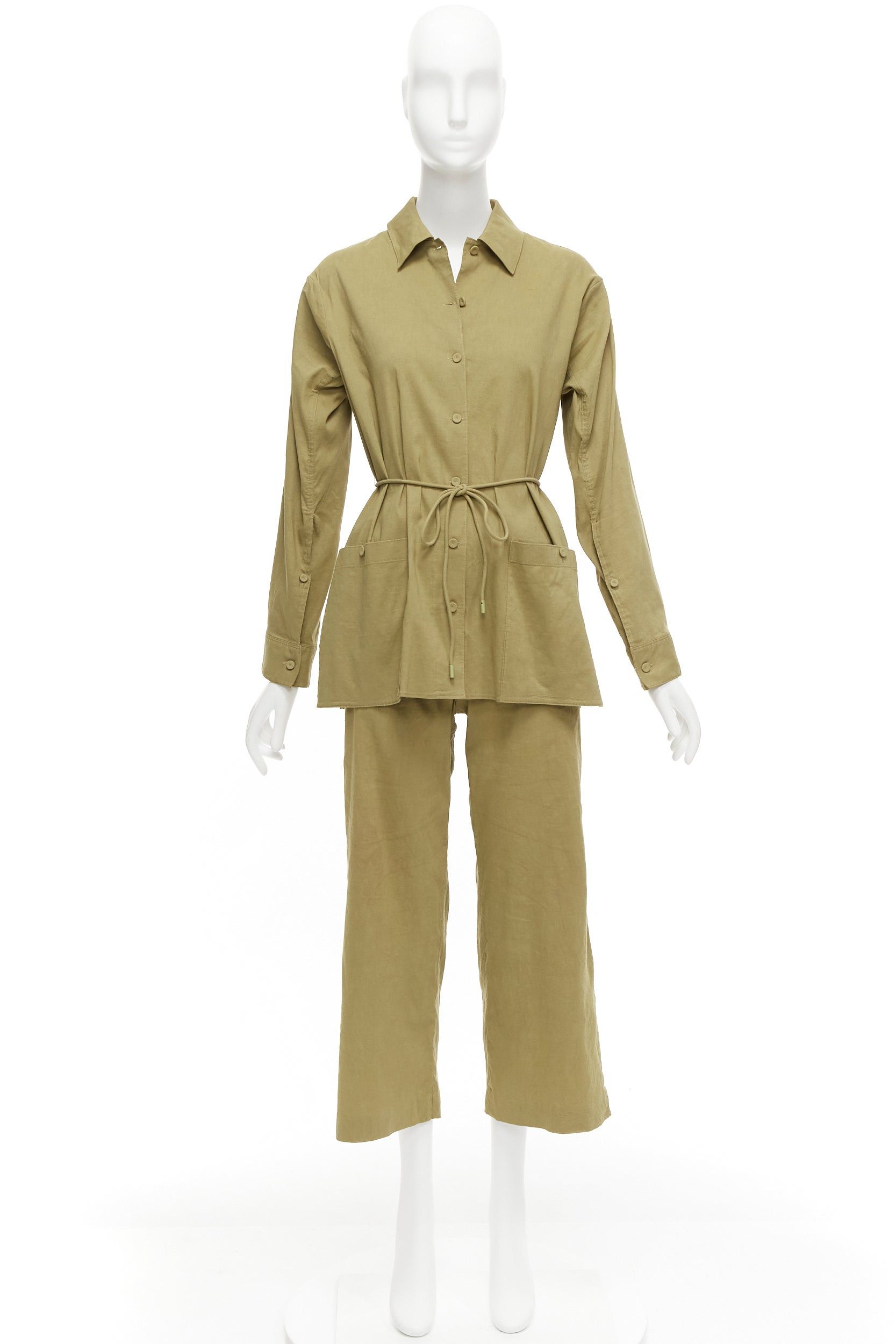 Theory THEORY olive green linen blend tie belt relaxed jacket wide leg pants set US0 XS Size XS / US 0-2 / IT 36-38 - 3 Thumbnail