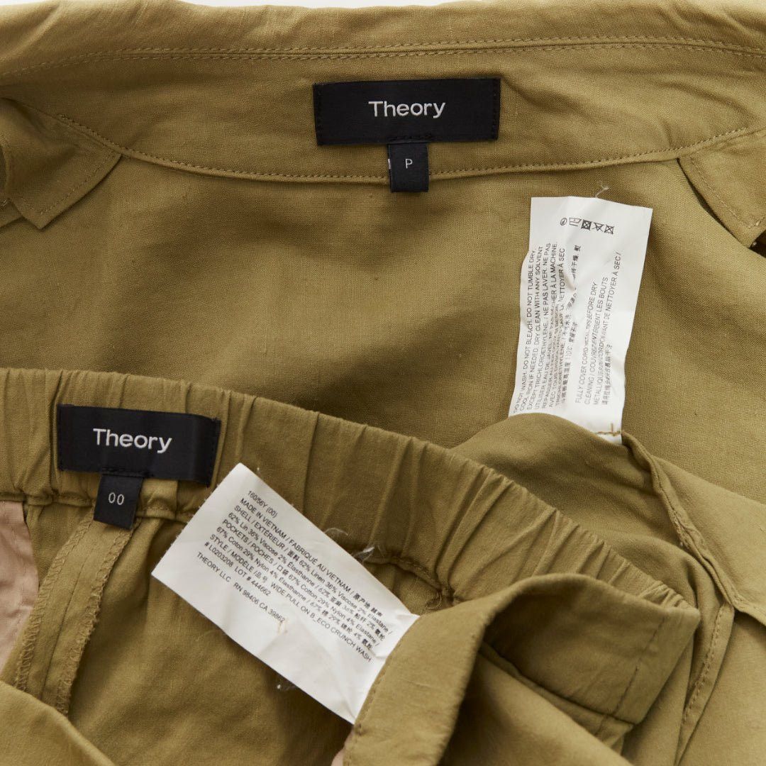 Theory THEORY olive green linen blend tie belt relaxed jacket wide leg pants set US0 XS Size XS / US 0-2 / IT 36-38 - 11 Thumbnail