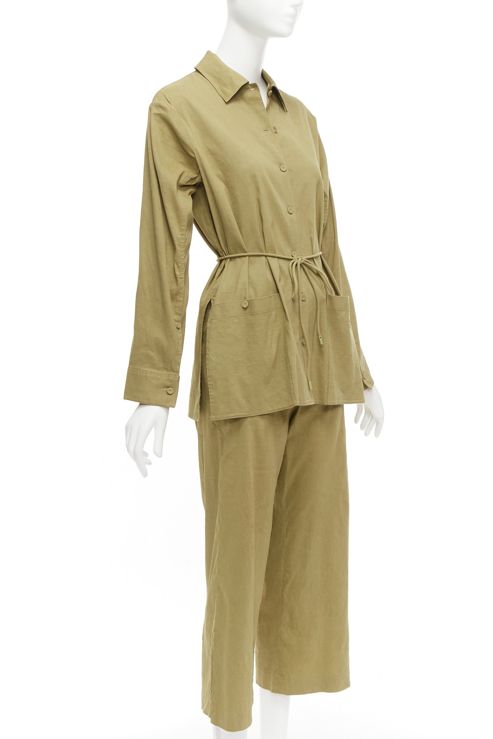 Theory THEORY olive green linen blend tie belt relaxed jacket wide leg pants set US0 XS Size XS / US 0-2 / IT 36-38 - 4 Thumbnail