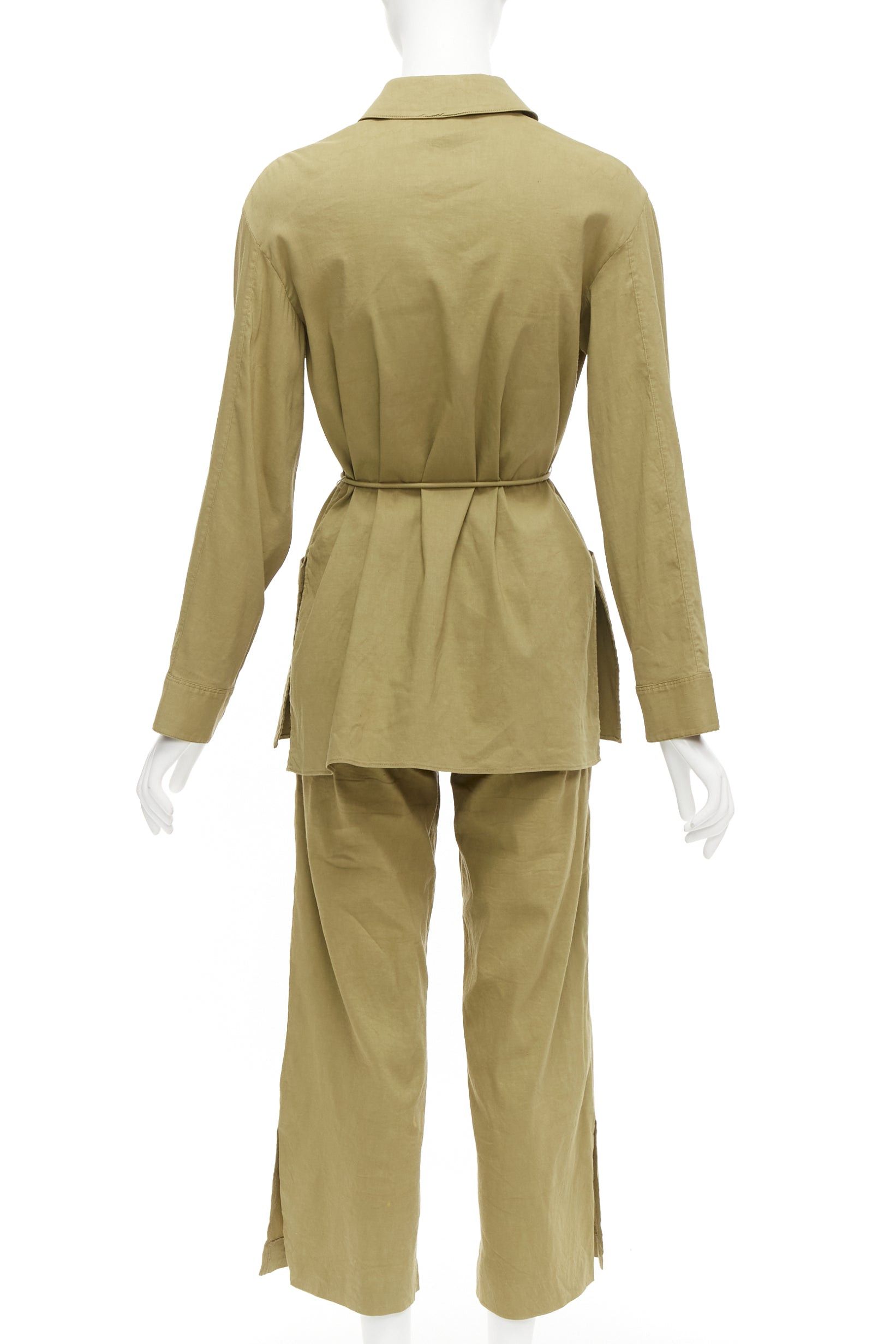 Theory THEORY olive green linen blend tie belt relaxed jacket wide leg pants set US0 XS Size XS / US 0-2 / IT 36-38 - 6 Thumbnail