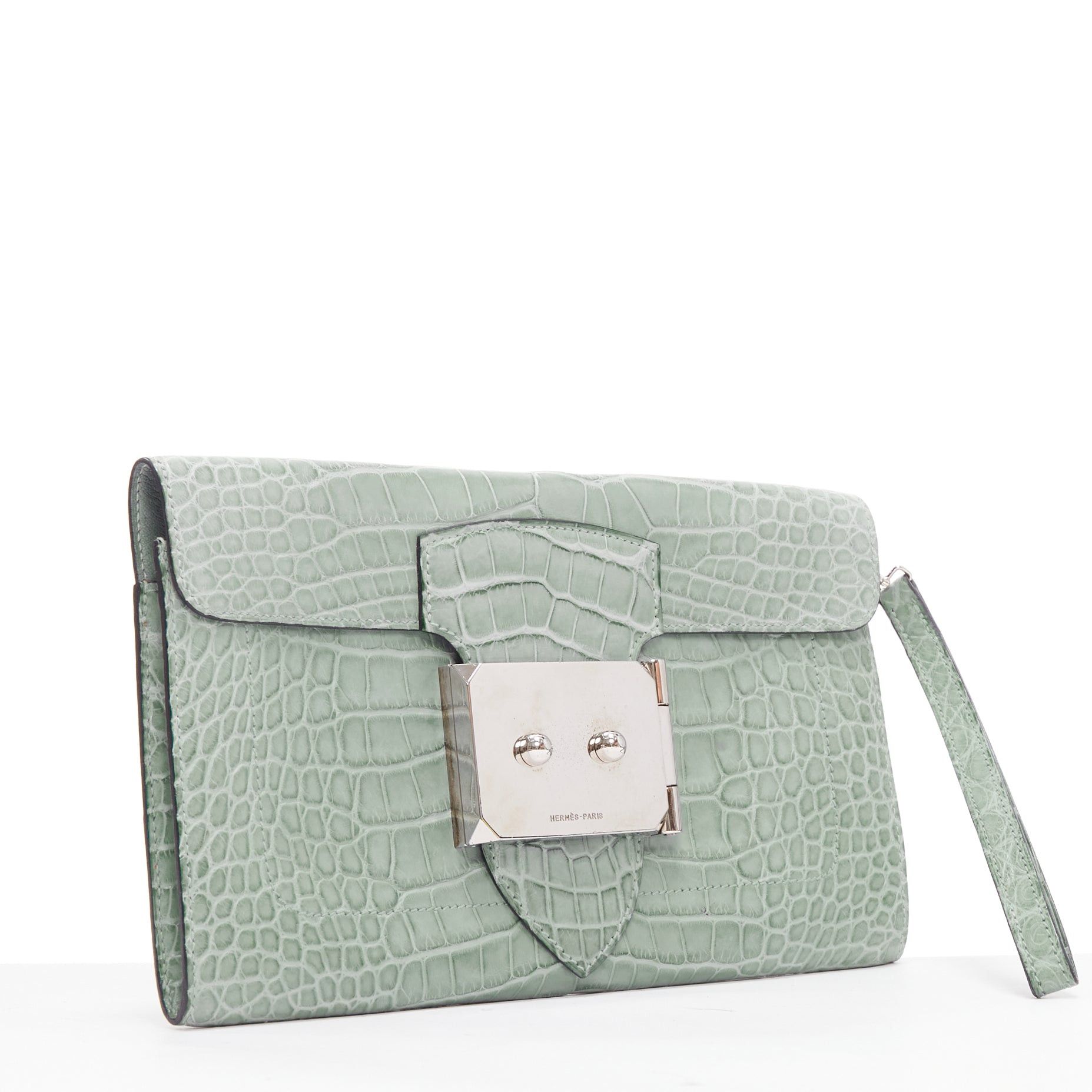 Hermes HERMES Goodlock Porosus mint green scaled leather PHW push clasp wrist clutch Size ONE SIZE - 3 Thumbnail