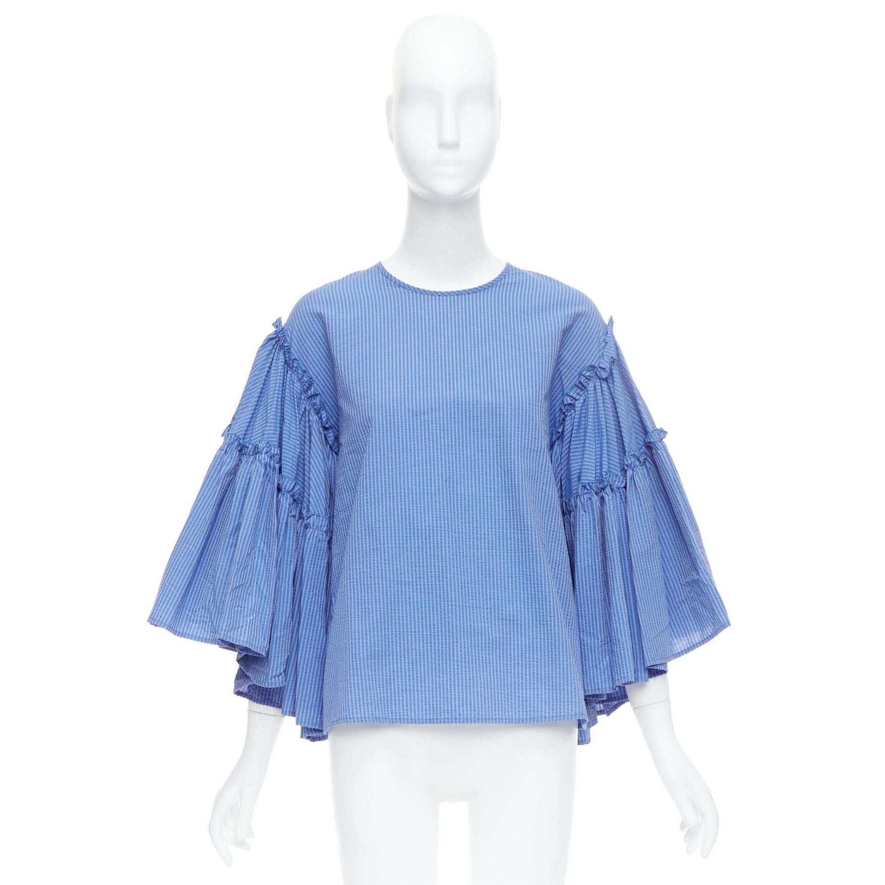MSGM MSGM blue cotton blend striped flared sleeve crew neck crop top IT38 XS Size XS / US 0-2 / IT 36-38 - 9 Thumbnail