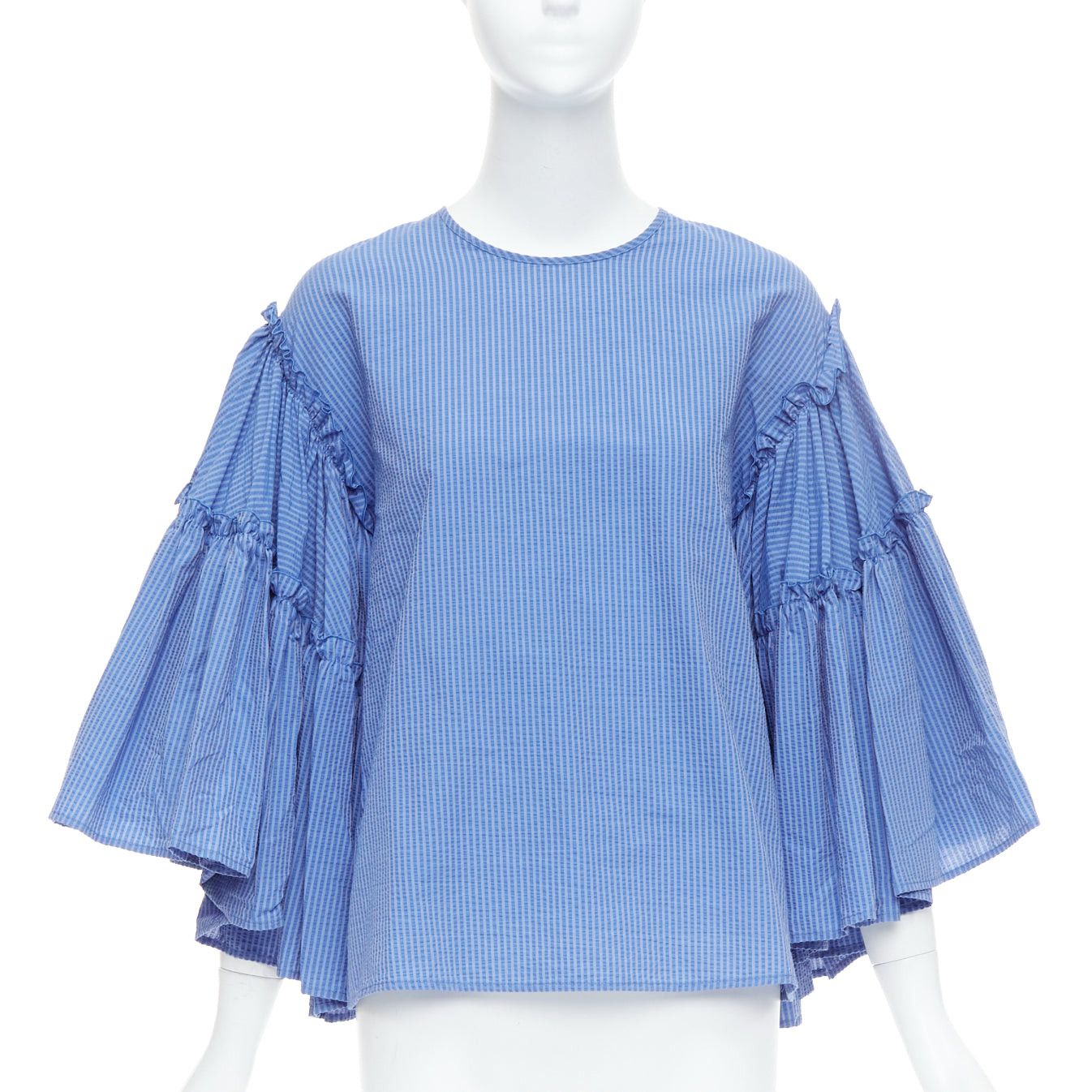 MSGM MSGM blue cotton blend striped flared sleeve crew neck crop top IT38 XS Size XS / US 0-2 / IT 36-38 - 3 Thumbnail