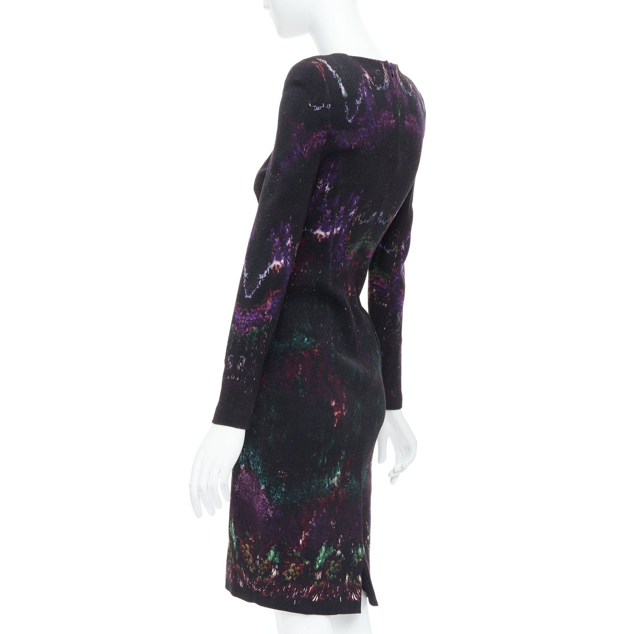 Alexander McQueen ALEXANDER MCQUEEN 2014 black purple wool blend feather print sheath dress IT38 XS Size XS / US 0-2 / IT 36-38 - 6 Thumbnail