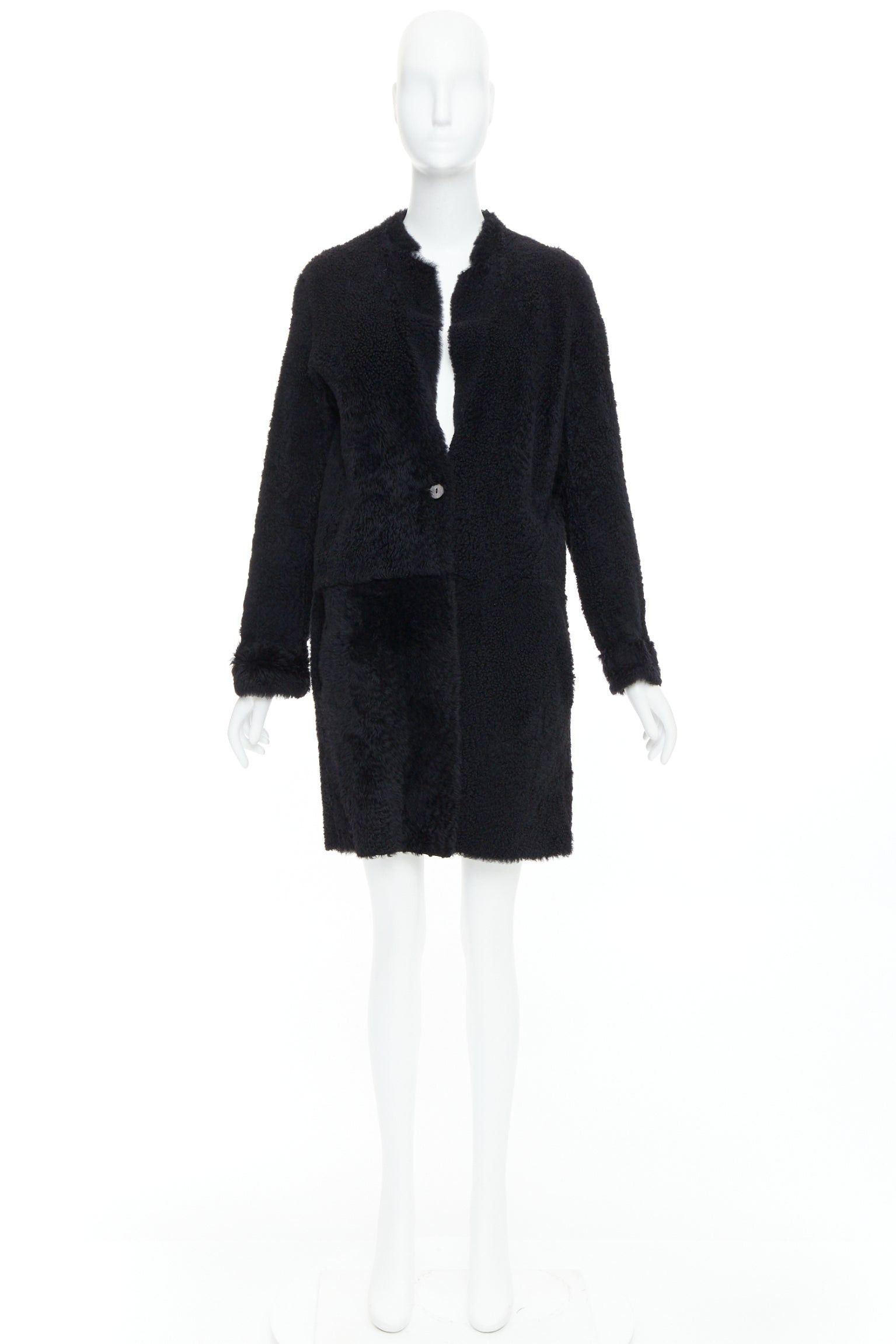 Karl Donoghue KARL DONOGHUE black lambskin shearling fur single button long coat L Size L / US 10 / IT 46 - 10 Thumbnail