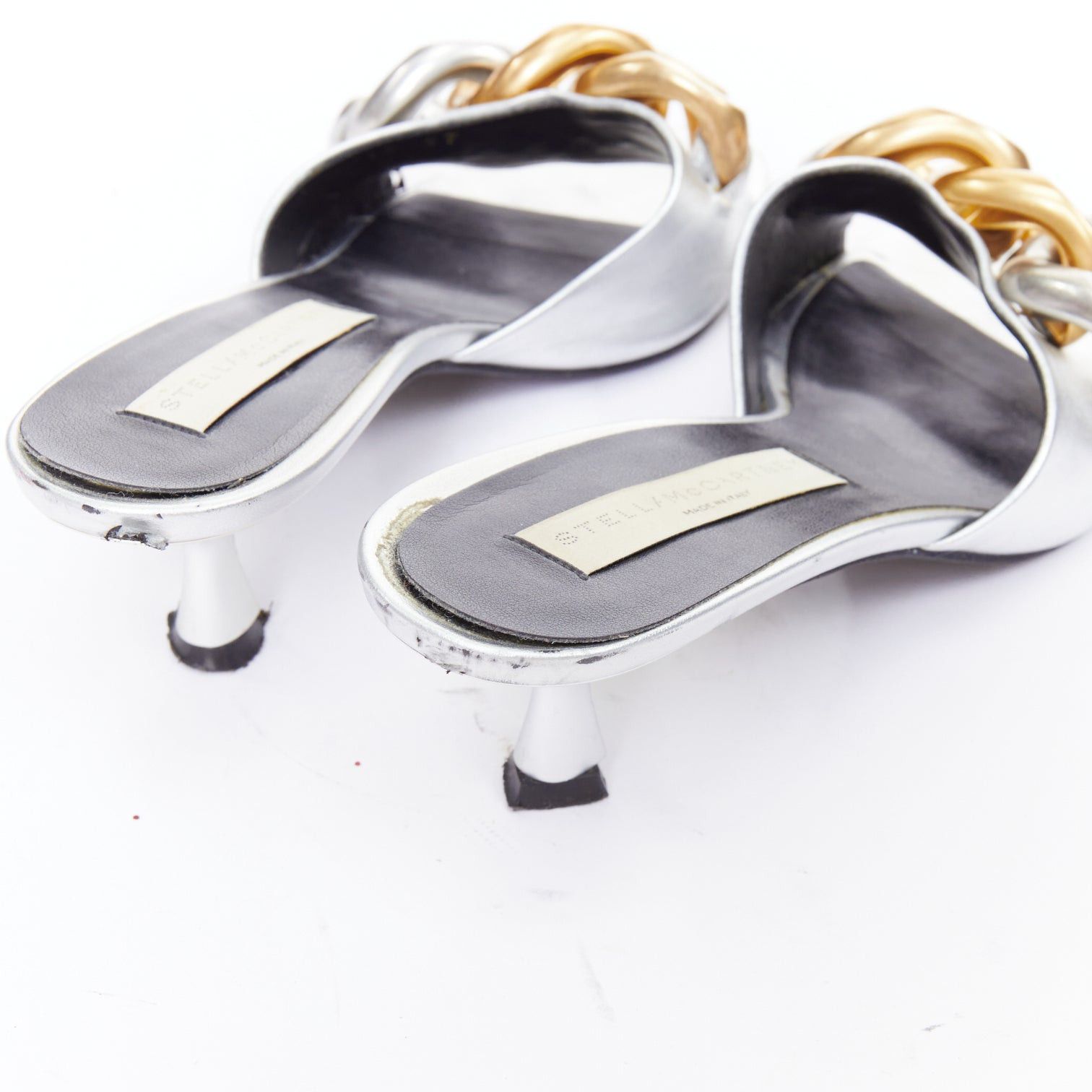 Stella McCartney STELLA MCCARTNEY Falabella 50 silver fabric chunky chain kitten mules EU37 Size US 7 / IT 37 - 8 Thumbnail