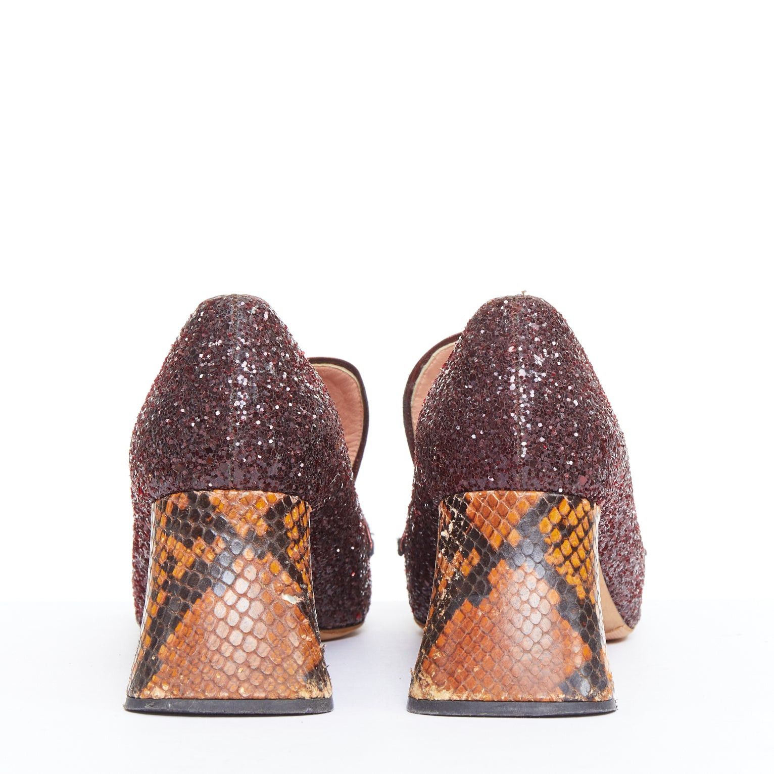 Rochas ROCHAS burgundy glitter brown scaled leather sculpted heel loafers EU36 Size US 6 / IT 36 - 5 Thumbnail