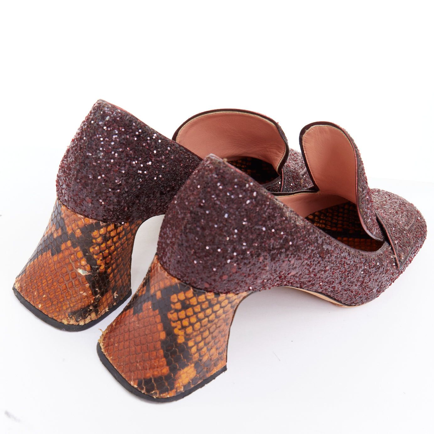 Rochas ROCHAS burgundy glitter brown scaled leather sculpted heel loafers EU36 Size US 6 / IT 36 - 8 Thumbnail
